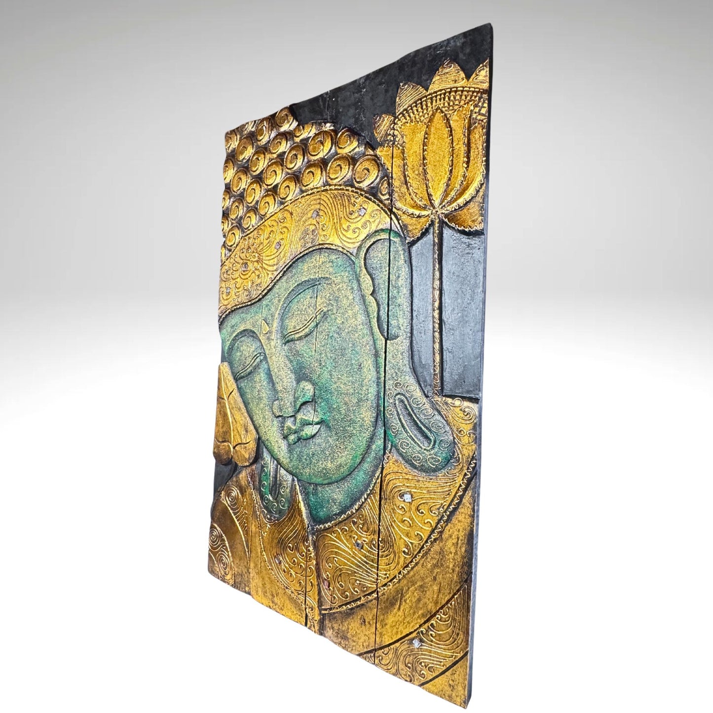 Buddha Carved Wooden Panel Wall Art Folding Screen Wood Carving Balinese Eclectic Asian Style Boho Decor Gold Verdigris Green