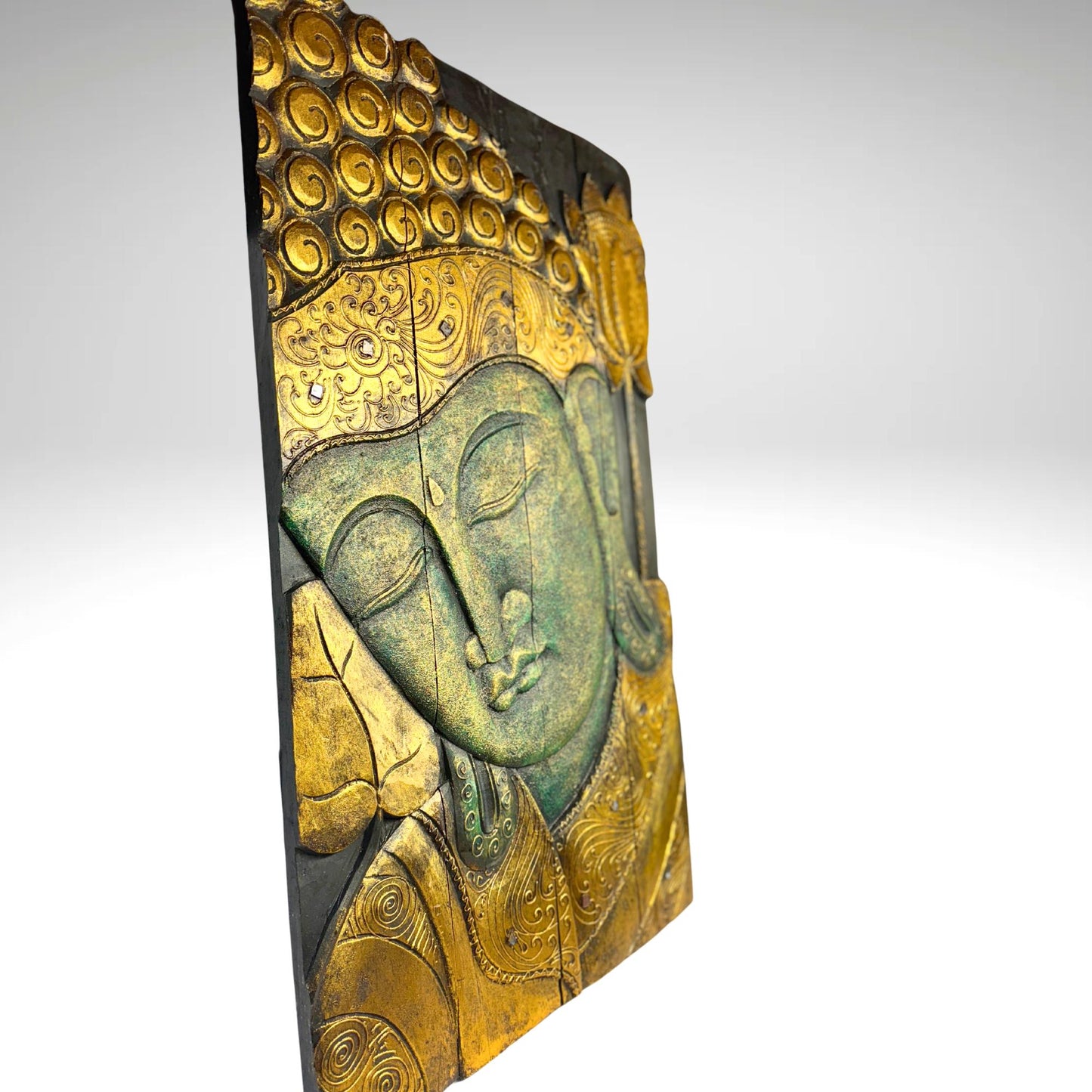 Buddha Carved Wooden Panel Wall Art Folding Screen Wood Carving Balinese Eclectic Asian Style Boho Decor Gold Verdigris Green