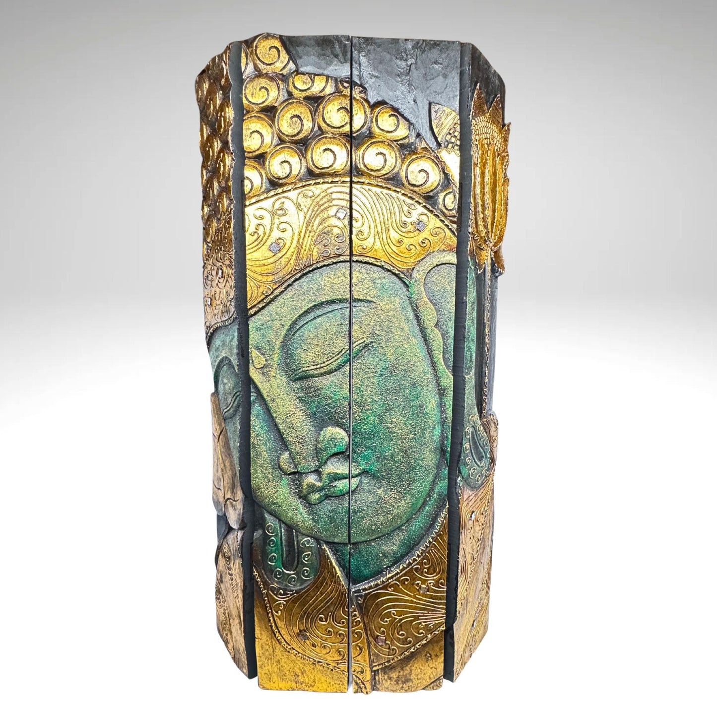 Balinese Buddha Wood Carving: Verdigris Green & Gold Eclectic Wall Art