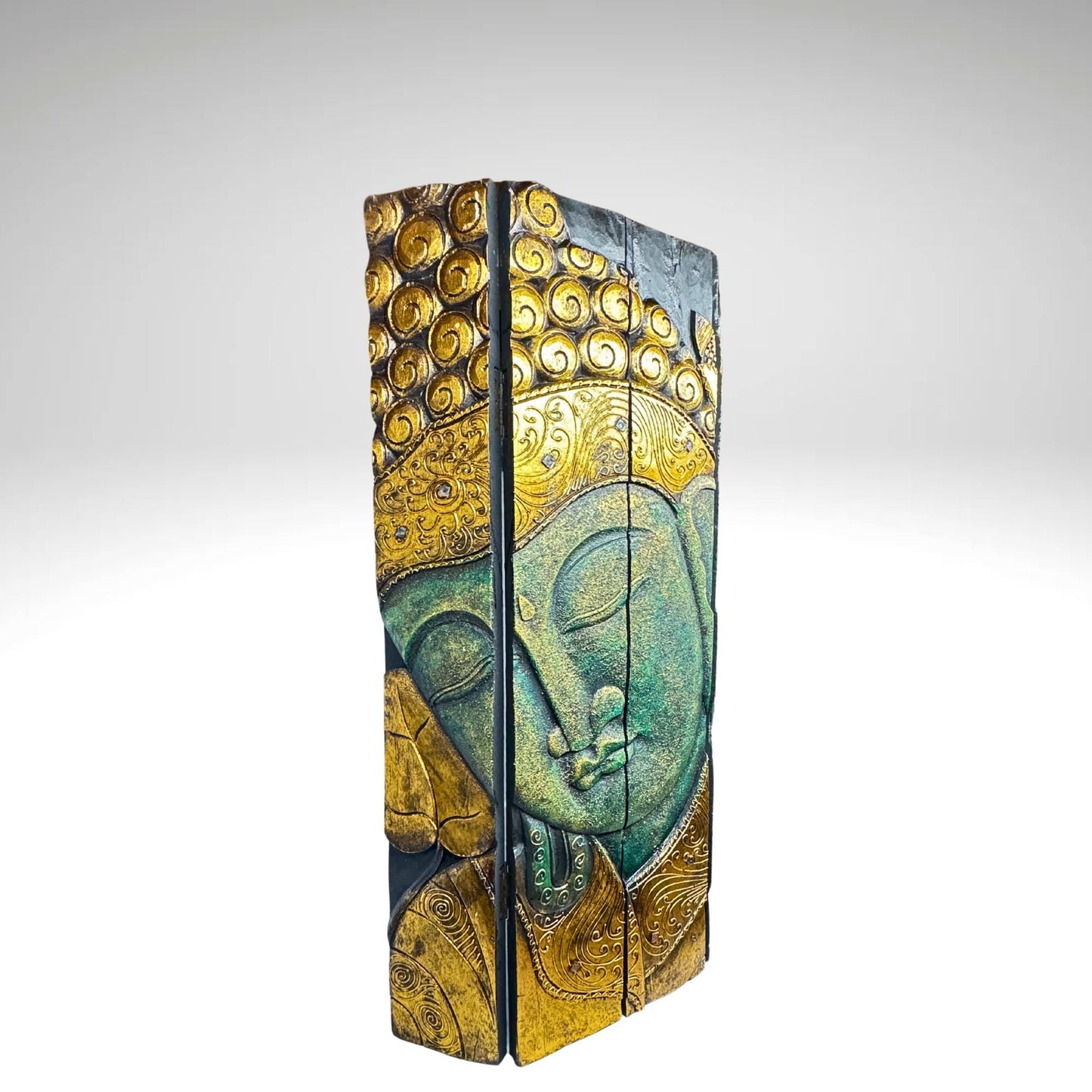 Buddha Carved Wooden Panel Wall Art Folding Screen Wood Carving Balinese Eclectic Asian Style Boho Decor Gold Verdigris Green