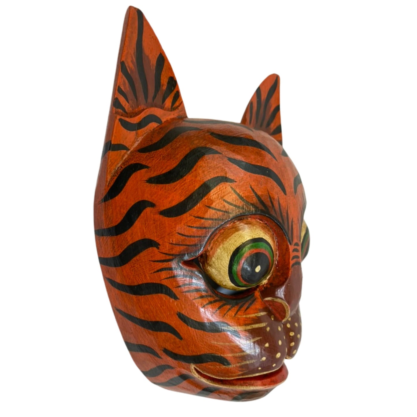 Balinese Tiger Cat Mask Striped Cat Feline Drama Mask Topeng Ginger Kitty Scaredy-cat Bali Folk Art hand carved wood Carving Wall Art