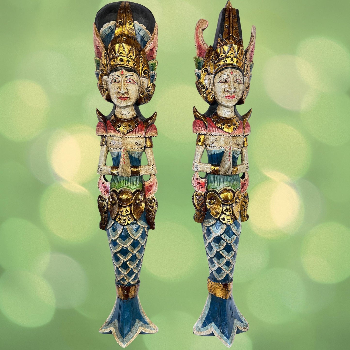 Balinese Mermaid Wall Art Dewi Sinta Goddess & Rama Guardian Hand carved wood Polychrome folk art carving - Acadia World Traders
