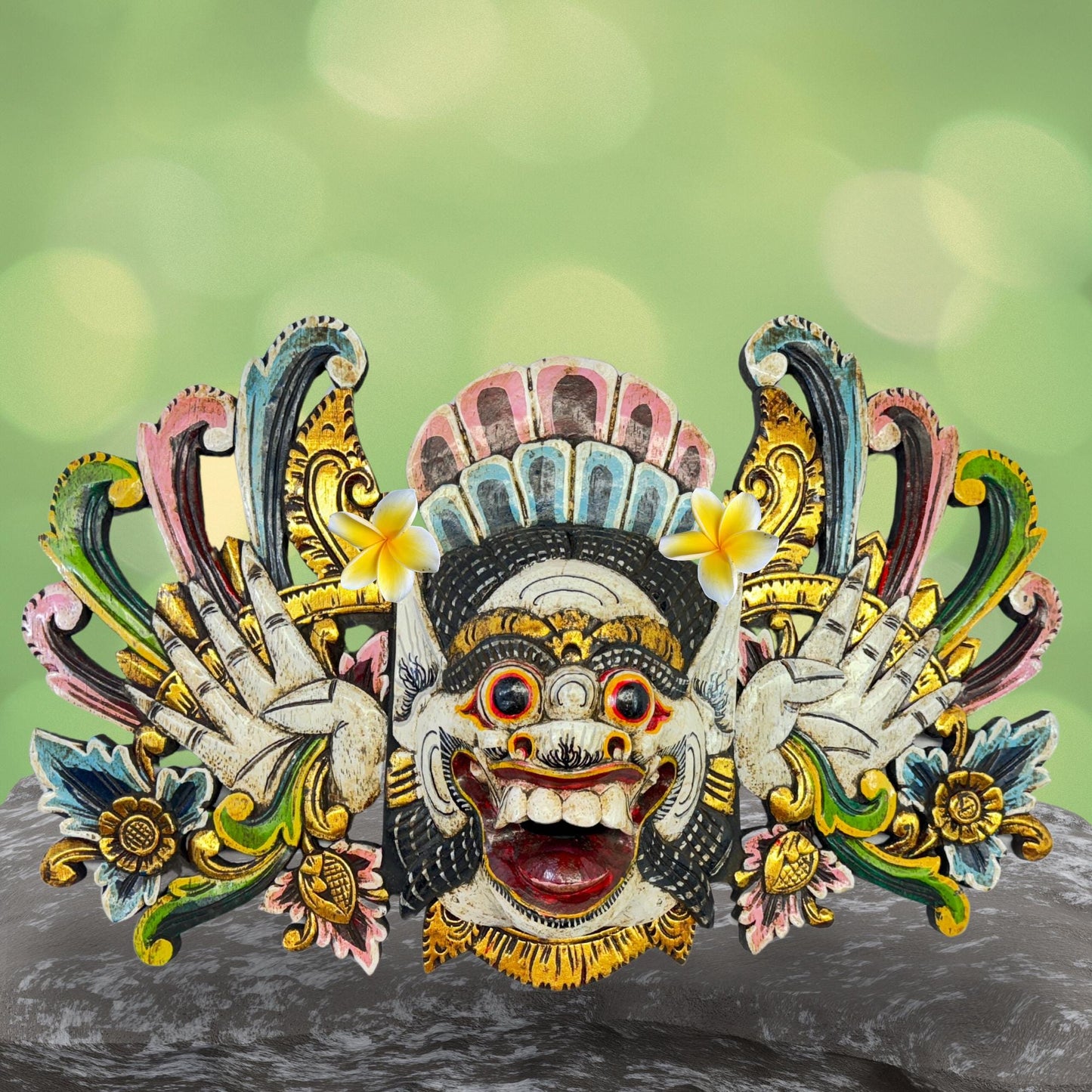 Balinese Mask Boma Barong Bhoma Protector Guardian Mask Polychrome Hand Carved wood Carving Bali Folk Art Wall Decor - Acadia World Traders