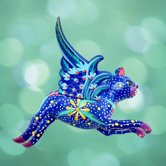 Winged Blue Cat Mobile Jasmine Jazzy kitty Spiritchaser Demon chaser cradle guardian hand carved wood Cat Lady Balinese Folk Art - Acadia World Traders