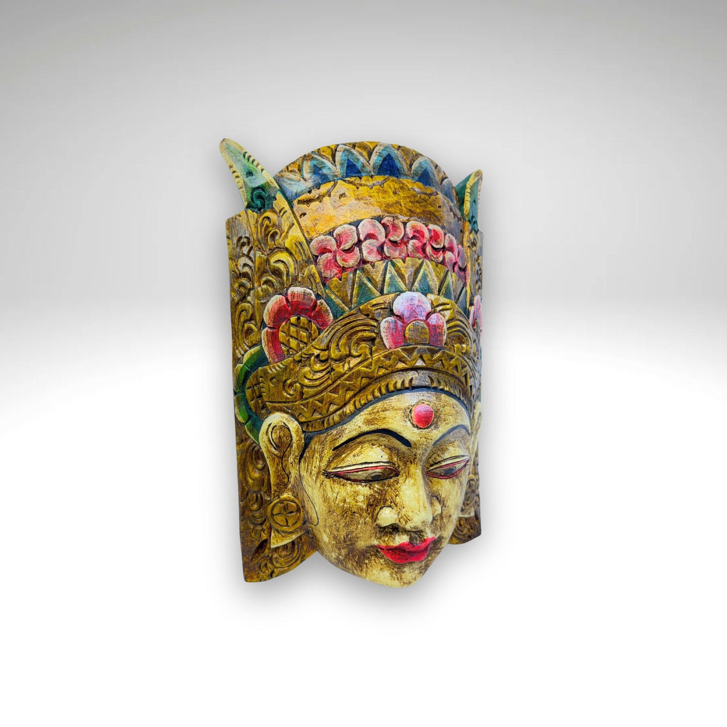 Balinese Mask Dewi Sri Rice Fertility Goddess Polychrome Hand Carved Wood Bali Folk Art wooden Mask Wall Decor - Acadia World Traders