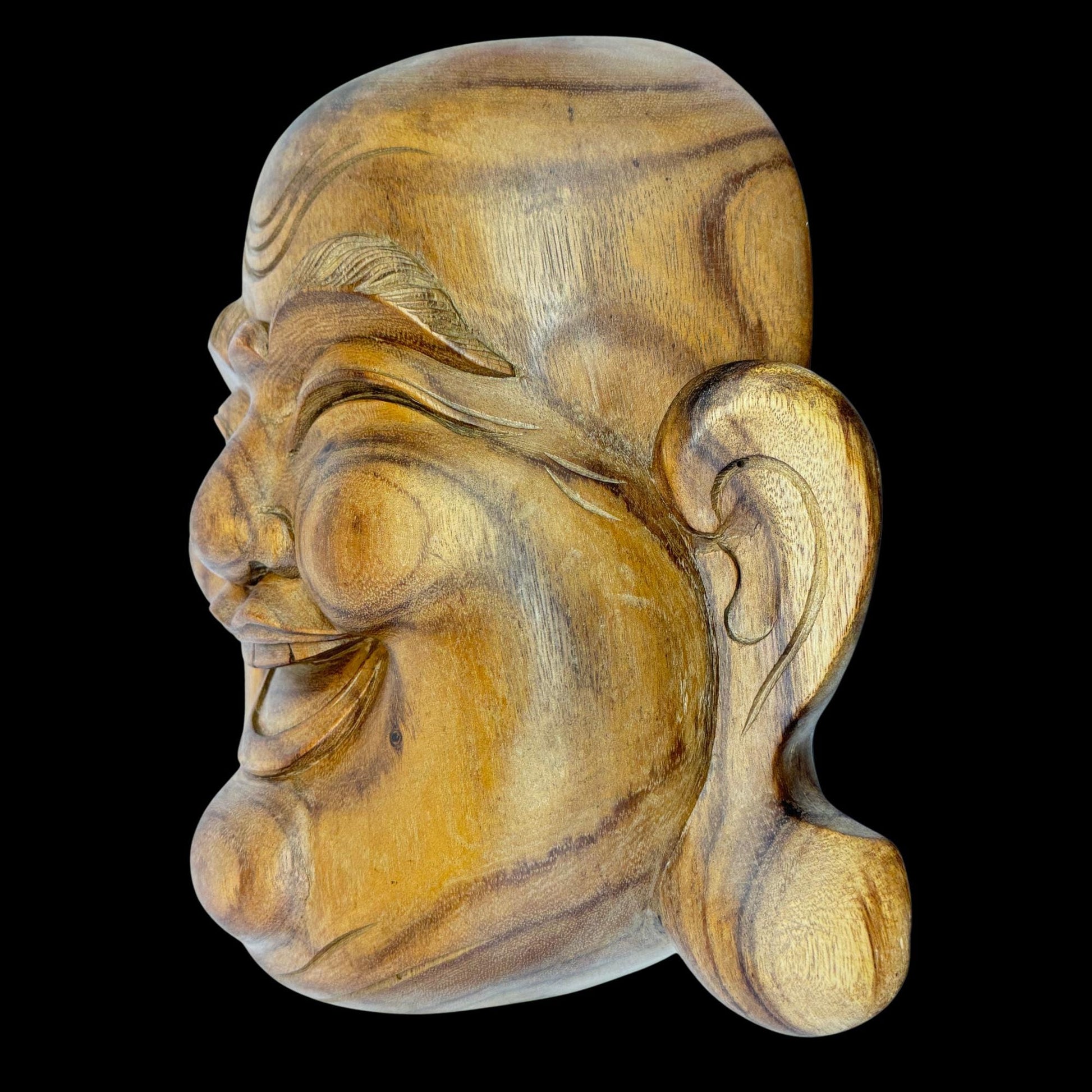 Laughing Traveling Buddha Mask Wall art  Hand Carved Wood Carving Hotei Budai Monk Good Luck Prosperity Bali Art - Acadia World Traders
