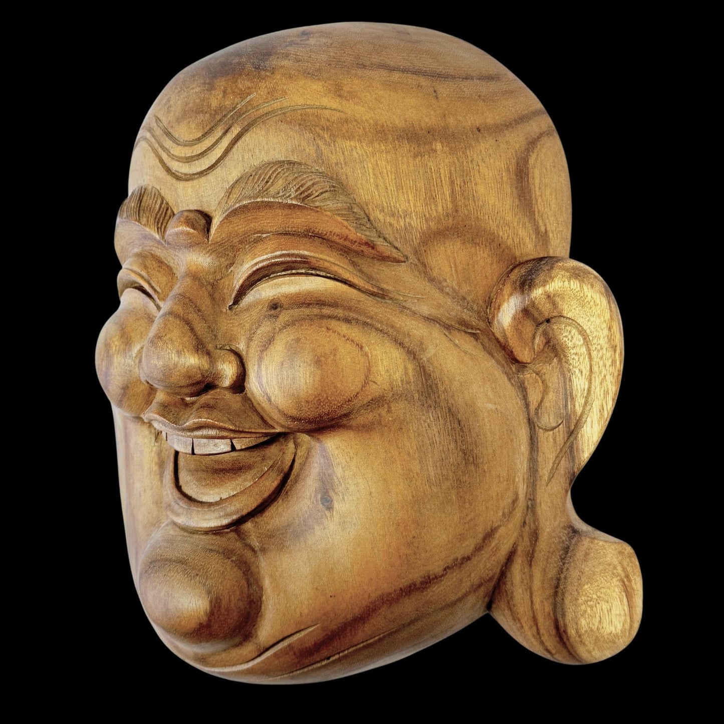 Laughing Traveling Buddha Mask Wall art Hand Carved Wood Carving Hotei Budai Monk Good Luck Prosperity Bali Art - Acadia World Traders