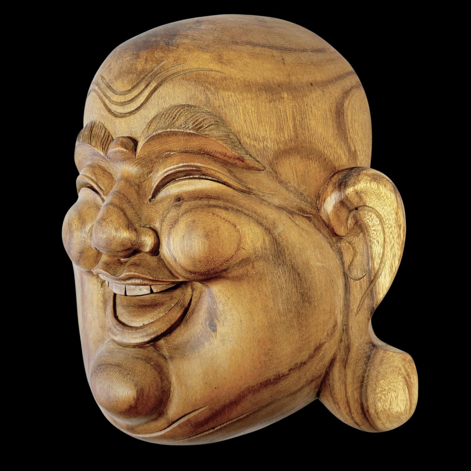 Laughing Traveling Buddha Mask Wall art  Hand Carved Wood Carving Hotei Budai Monk Good Luck Prosperity Bali Art - Acadia World Traders