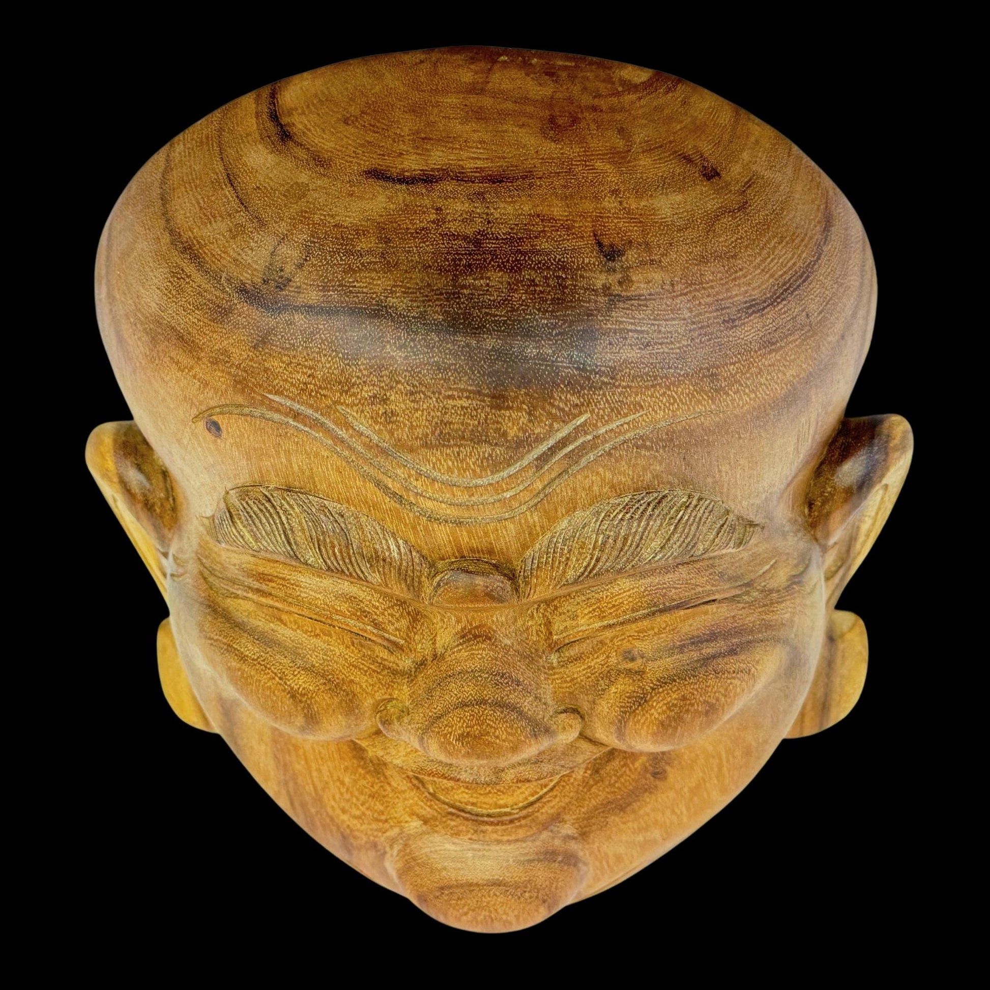 Laughing Traveling Buddha Mask Wall art  Hand Carved Wood Carving Hotei Budai Monk Good Luck Prosperity Bali Art - Acadia World Traders