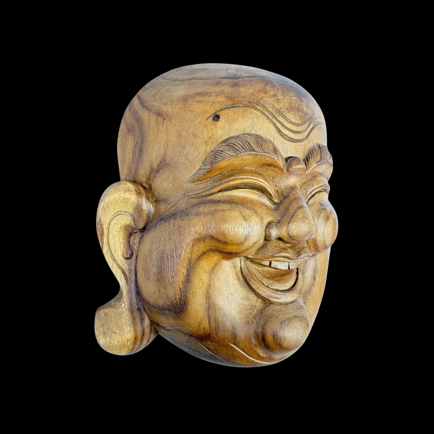 Laughing Traveling Buddha Mask Wall art Hand Carved Wood Carving Hotei Budai Monk Good Luck Prosperity Bali Art - Acadia World Traders
