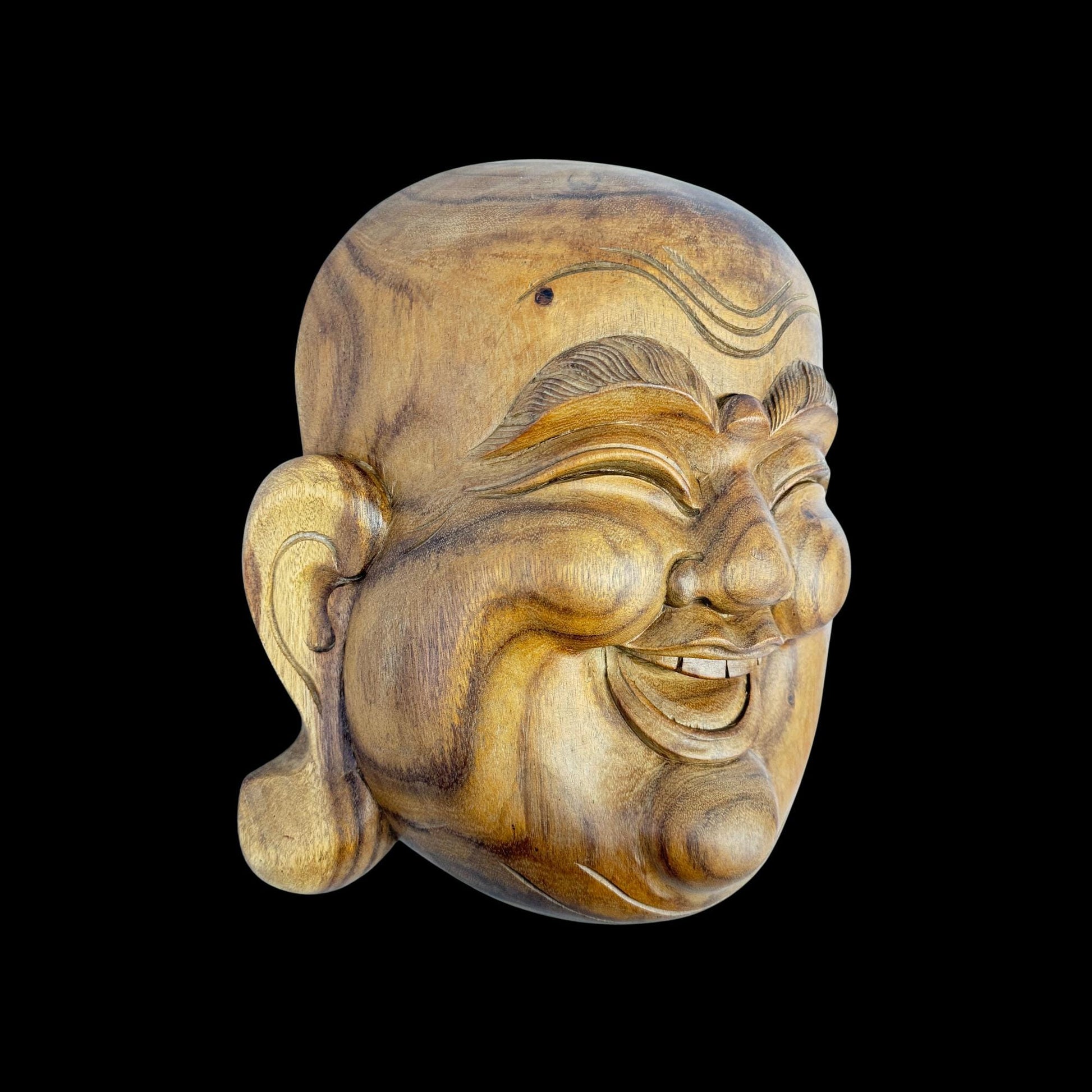Laughing Traveling Buddha Mask Wall art  Hand Carved Wood Carving Hotei Budai Monk Good Luck Prosperity Bali Art - Acadia World Traders