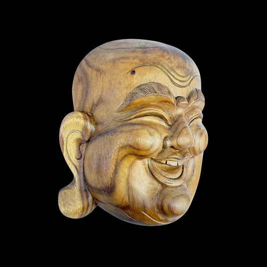 Laughing Traveling Buddha Mask Wall art  Hand Carved Wood Carving Hotei Budai Monk Good Luck Prosperity Bali Art - Acadia World Traders