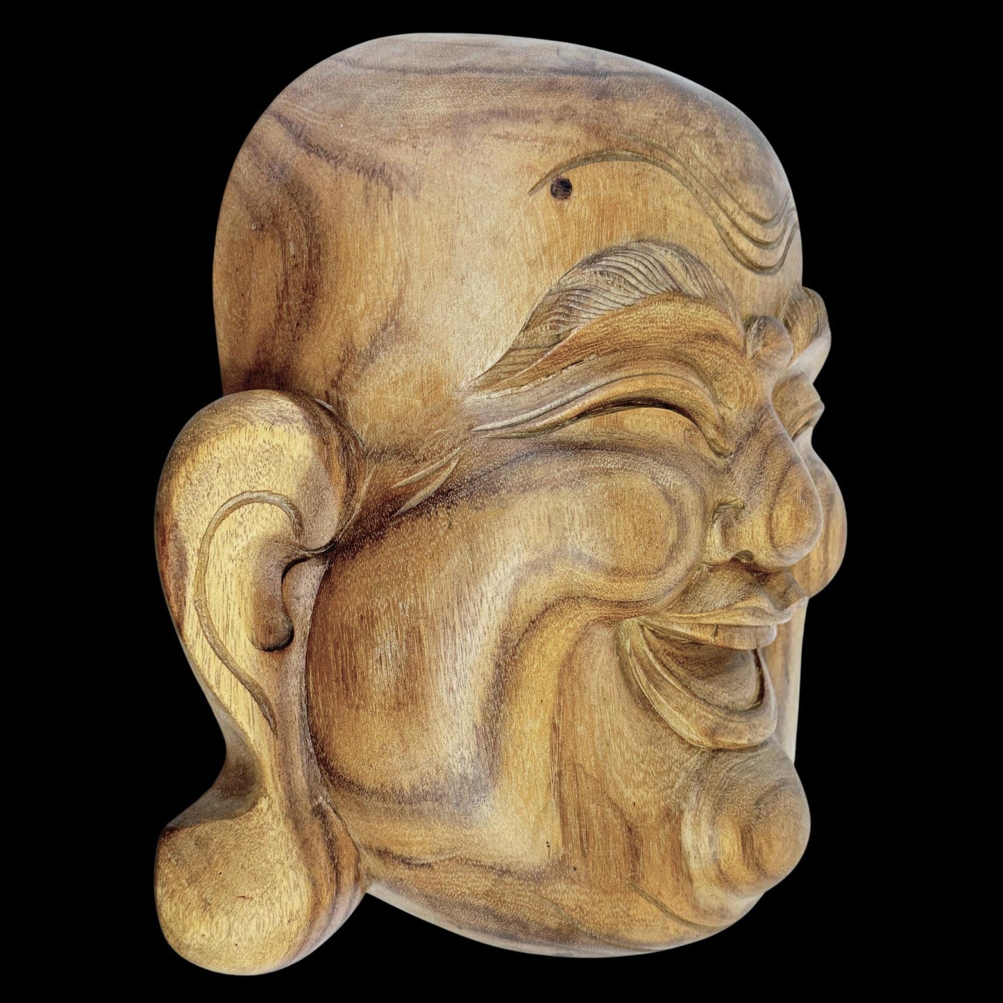 Laughing Traveling Buddha Mask Wall art Hand Carved Wood Carving Hotei Budai Monk Good Luck Prosperity Bali Art - Acadia World Traders