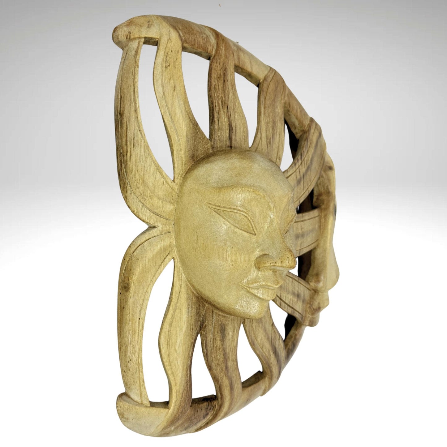 Vintage Wind Blown Sun & Moon Sunburst Celestial Wall Art Plaque Crescent MOON Carved hand carved wood Carving Bali Balinese folk art - Acadia World Traders