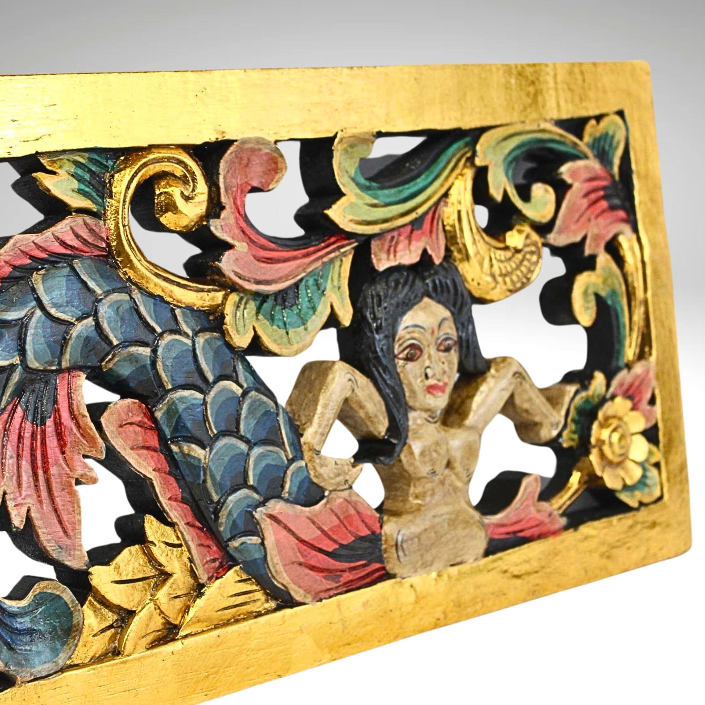 Balinese Mermaid Panel Wall Sculpture Hand Carved Wood Architectural Element Bali folk art carving - Acadia World Traders
