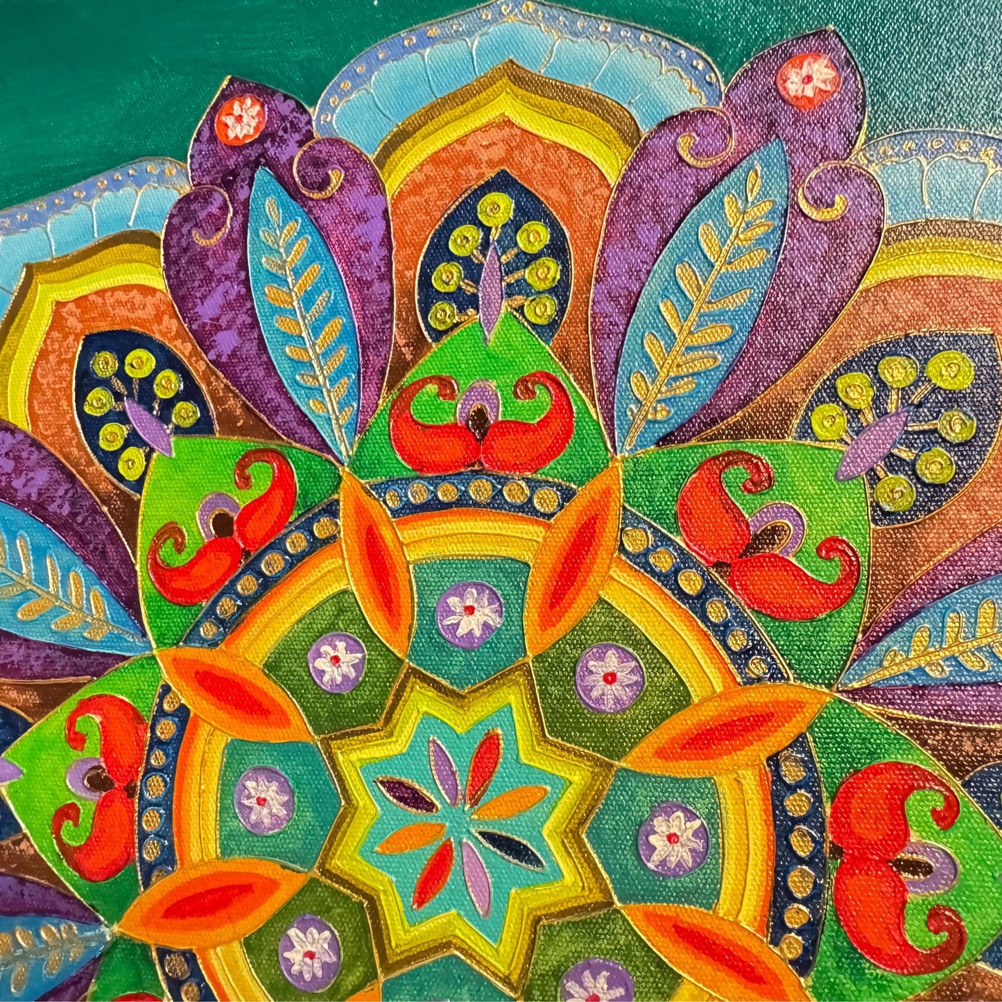 Serene Lotus Mandala Wall Art Painting Acrylic on Canvas Sacred Geometry Green - Acadia World Traders