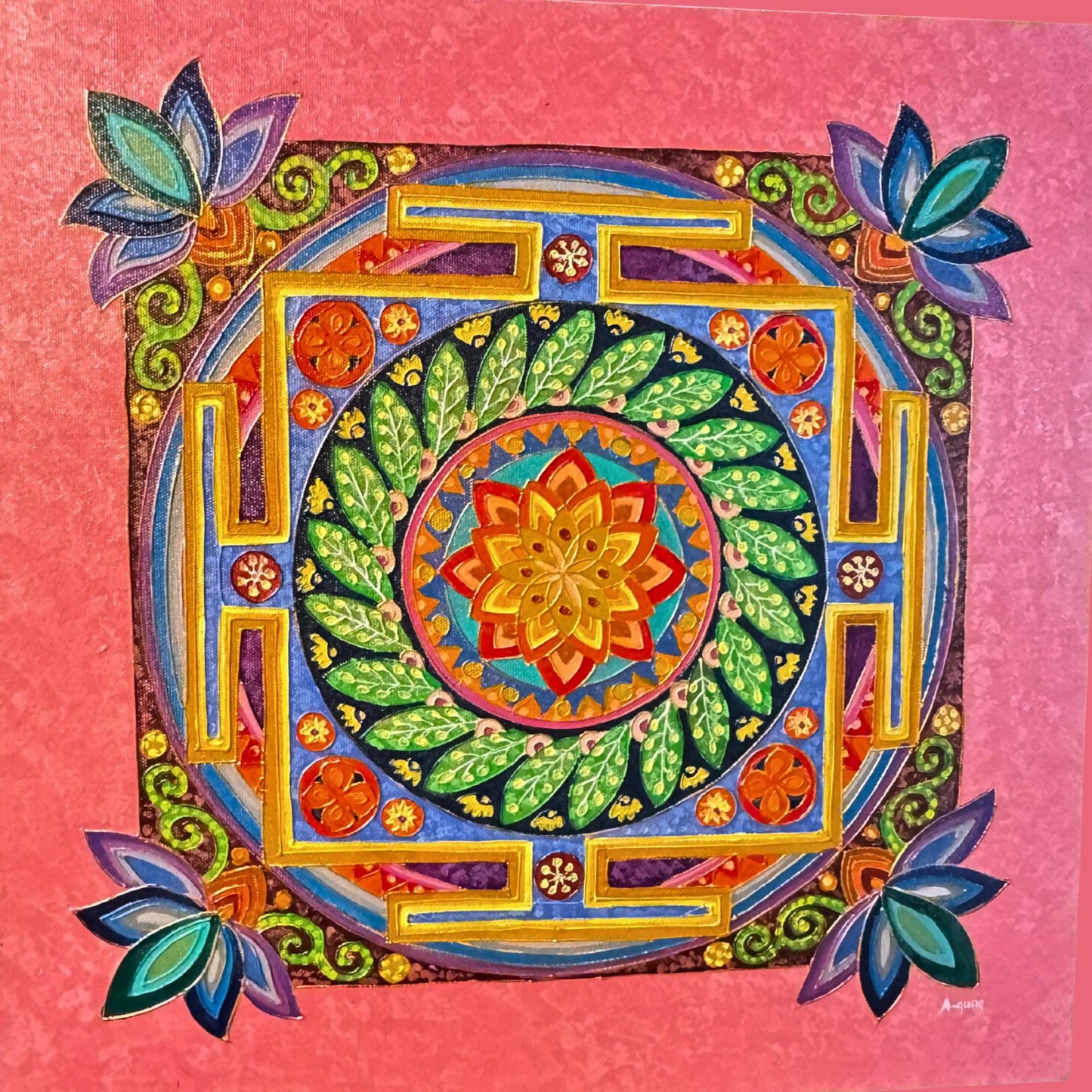 Lotus Mandala Painting Hand Painted Acrylic on Canvas Wall Art Sacred Geometry Balinese Artist Painting Pink - Acadia World Traders