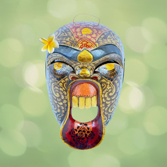 Balinese Bondres Mask Demon SCREAMING Tattoo Face Bali Folk Art Wall Decor Hand carved wood Carving - Acadia World Traders