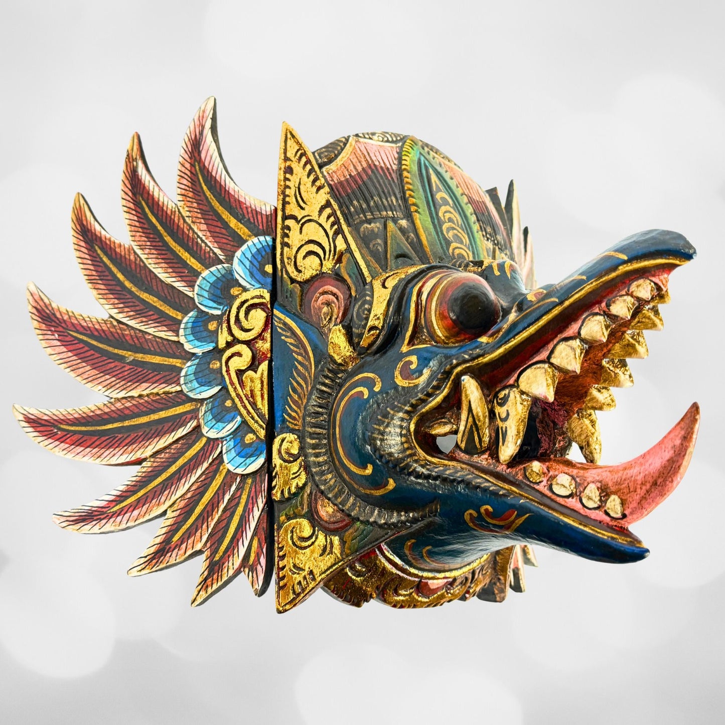 Balinese Garuda Mask Mythical Eagle Mount of Vishnu Protector Wall Decor Hand Carved Wood Carving Bali Folk Art Indonesian Teal - Acadia World Traders