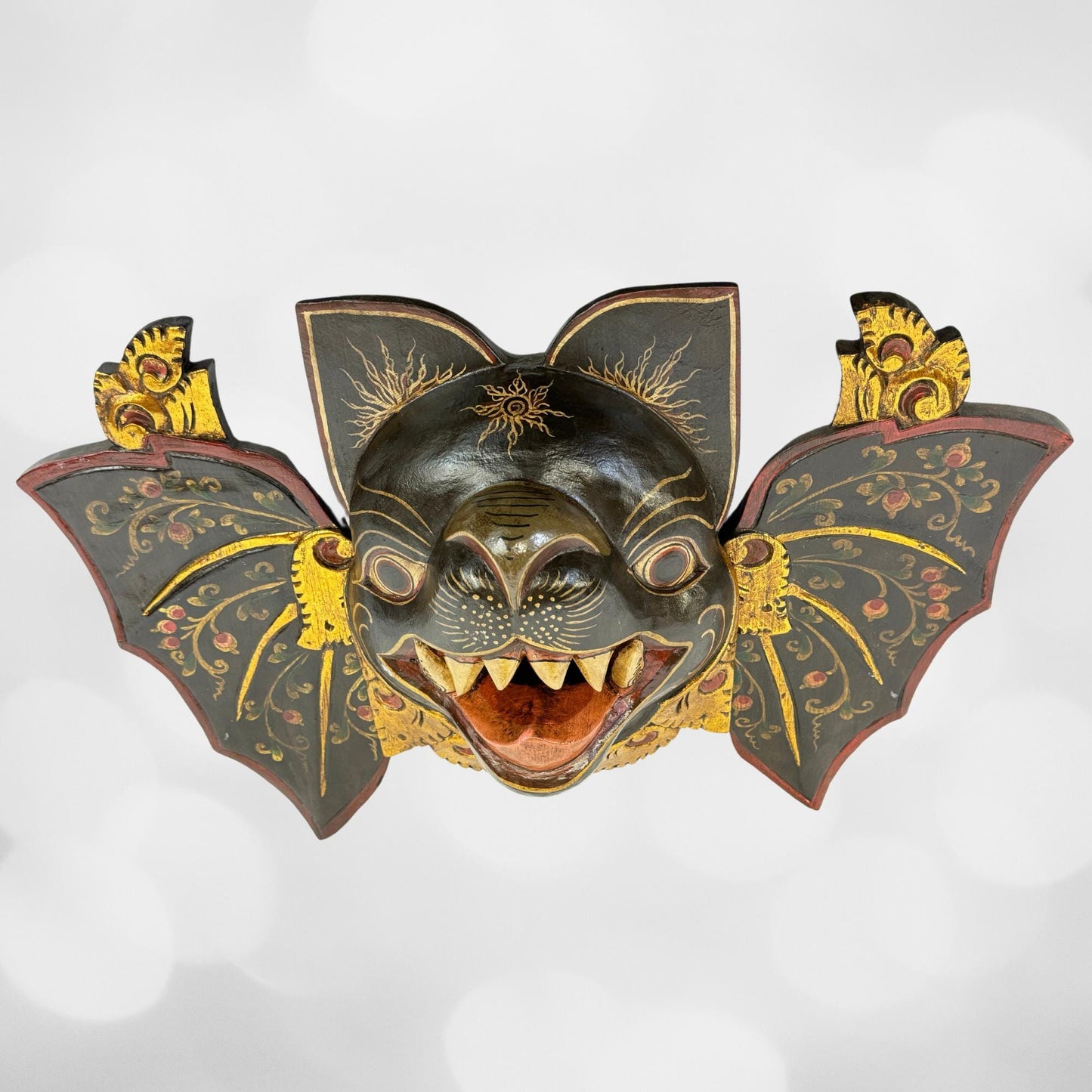 Balinese Mask Winged Black Bat Mask Bali hand carved wood Wall art Gothic Decor Balinese Folk Art Sacred Bat - Acadia World Traders