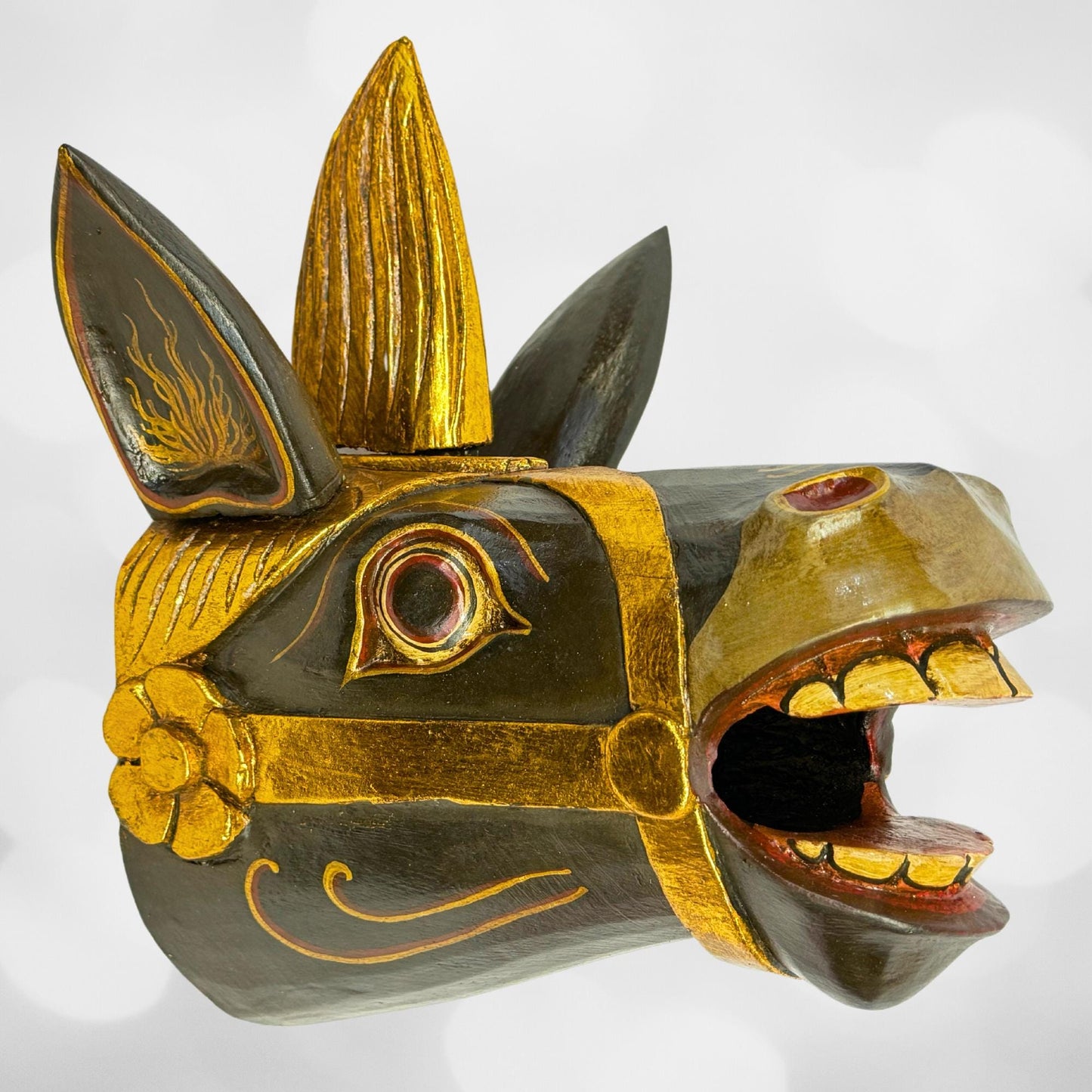 Balinese Black Horse Unicorn Mask Wall Decor Hand Carved Wood Carving Bali Folk Art Indonesian - Acadia World Traders