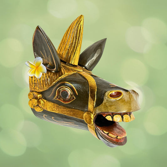 Balinese Black Horse Unicorn Mask Wall Decor Hand Carved Wood Carving Bali Folk Art Indonesian - Acadia World Traders