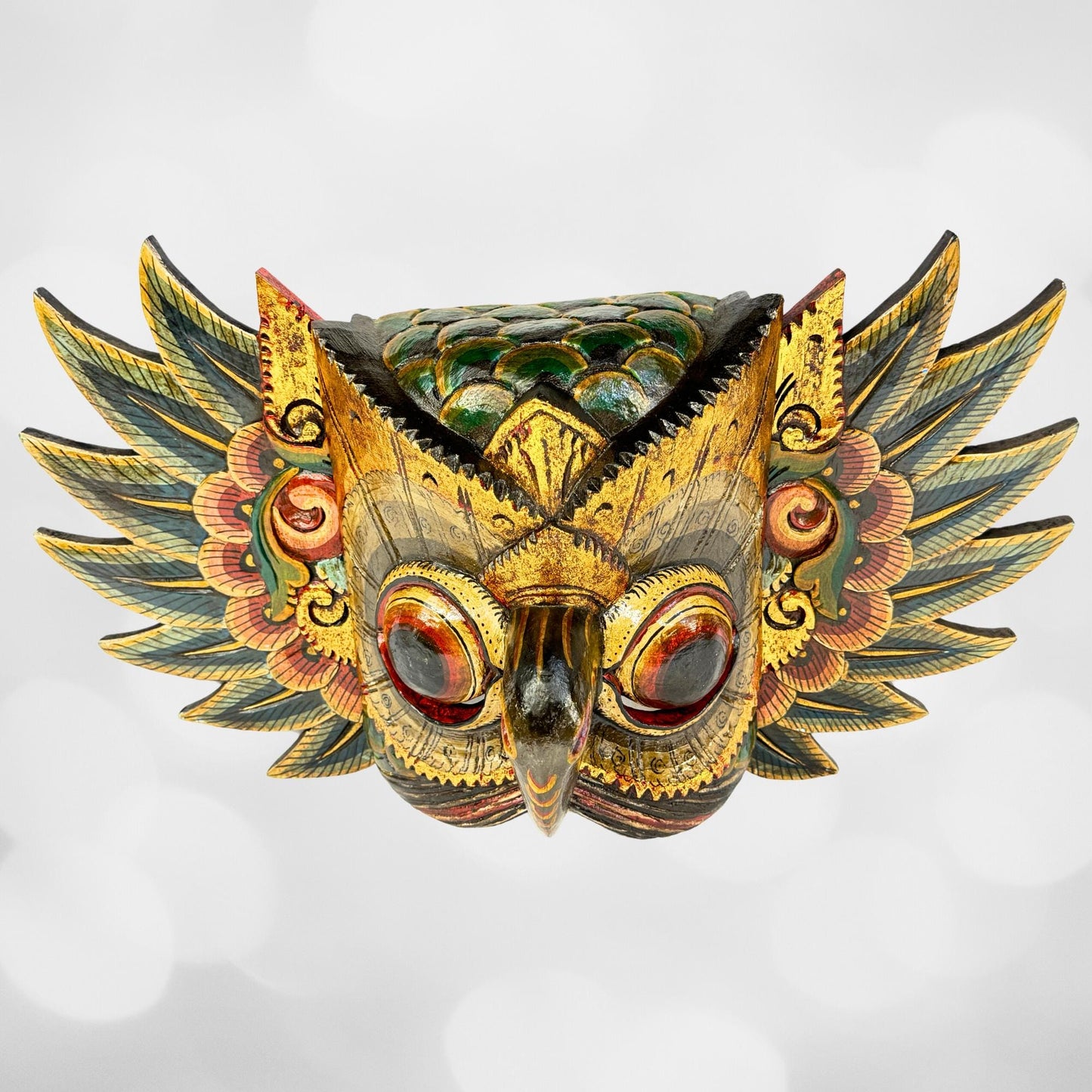 Balinese Mask Horned Owl Bird Mythical WINGED Owl Wall Hanging art Bali Folk Art Hand carved Wood Carving - Acadia World Traders