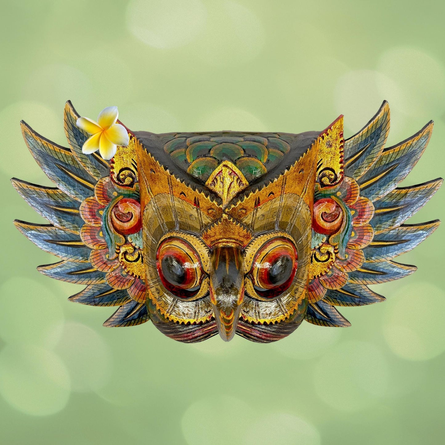 Balinese Mask Horned Owl Bird Mythical WINGED Owl Wall Hanging art Bali Folk Art Hand carved Wood Carving - Acadia World Traders