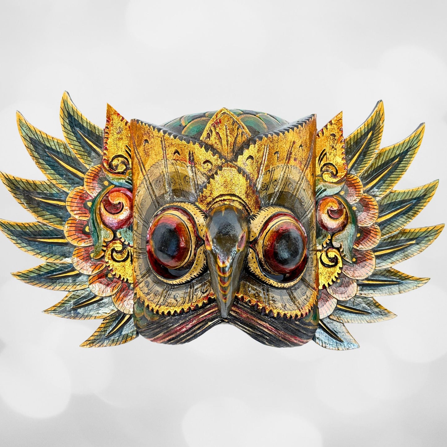 Balinese Mask Horned Owl Bird Mythical WINGED Owl Wall Hanging art Bali Folk Art Hand carved Wood Carving - Acadia World Traders