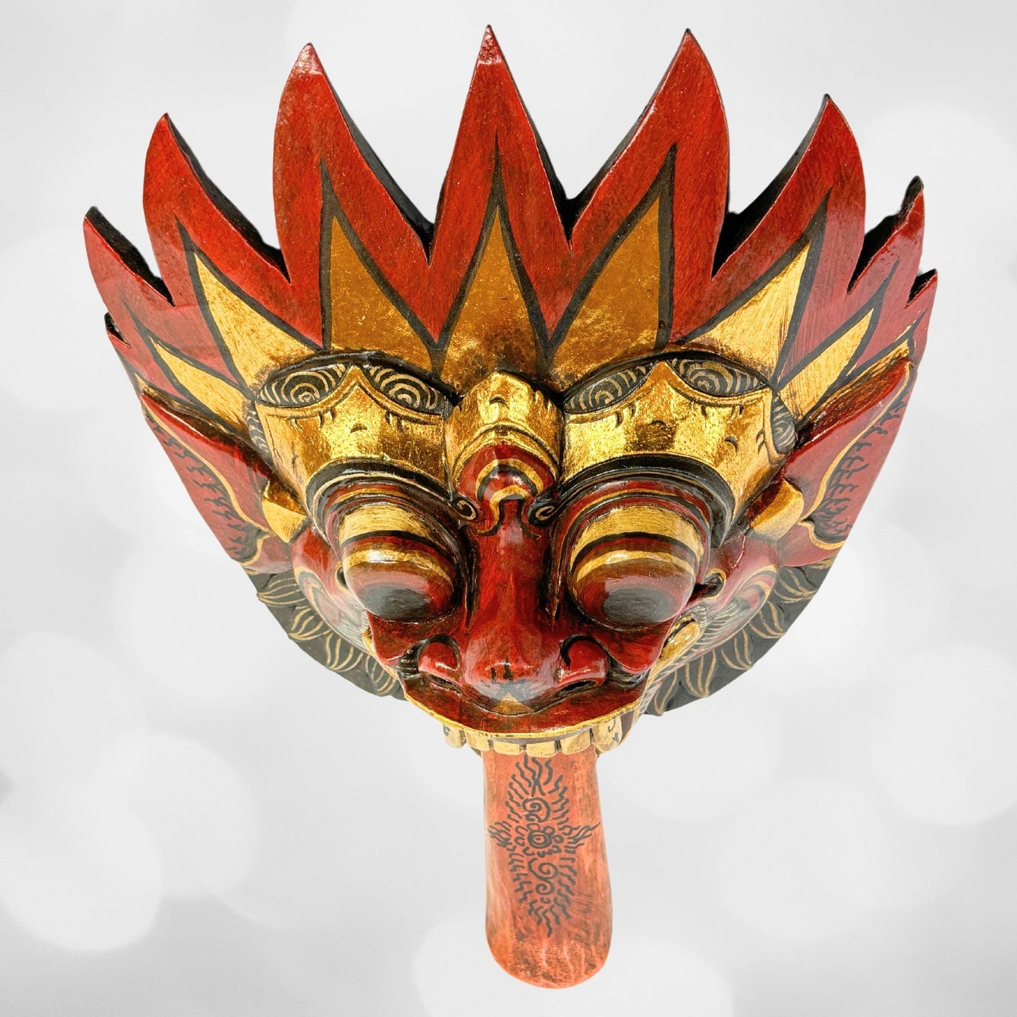 Balinese Agni Mask Mythical God of Fire Wall Decor Hand Carved Wood Carving Bali Folk Art Indonesian Red - Acadia World Traders