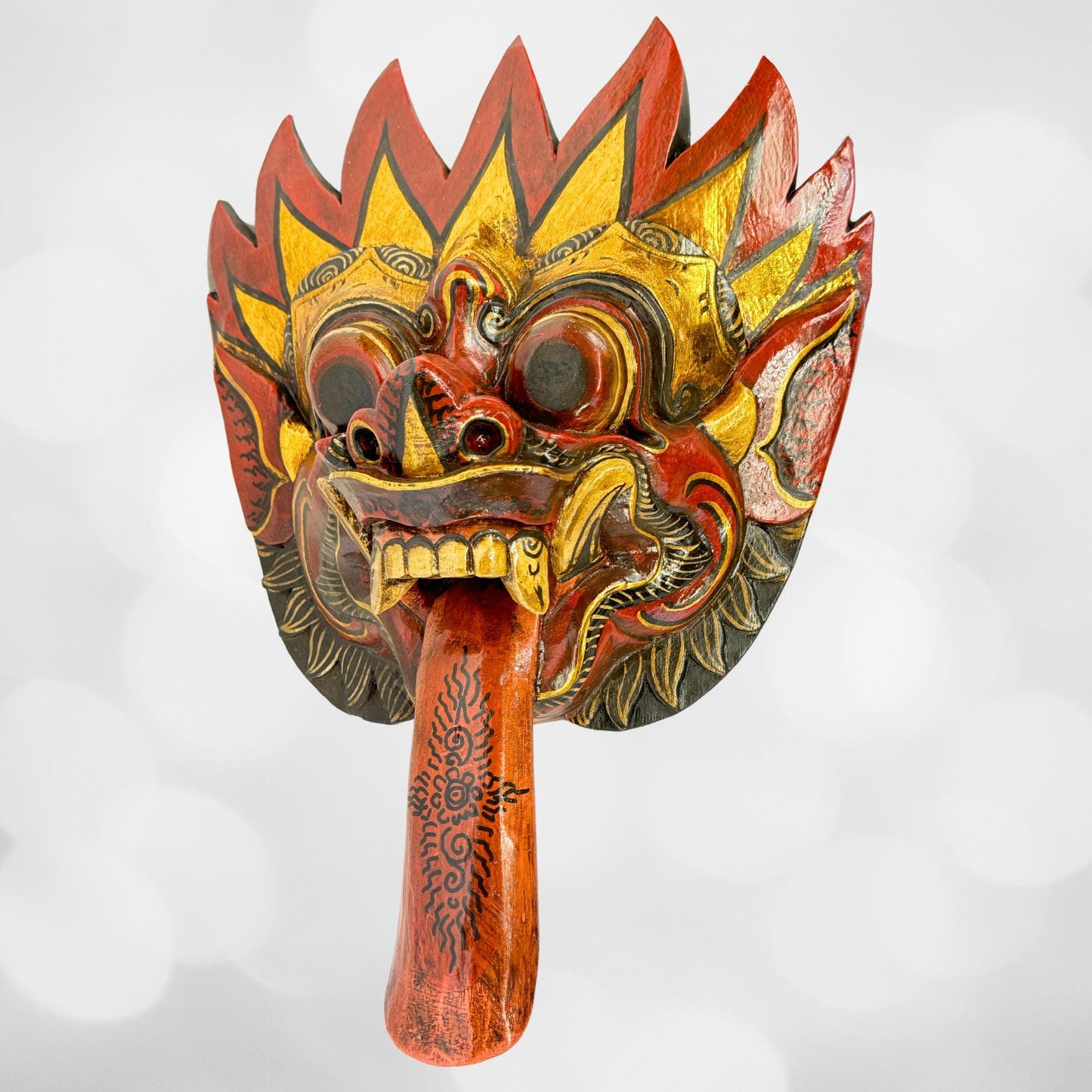 Balinese Agni Mask Mythical God of Fire Wall Decor Hand Carved Wood Carving Bali Folk Art Indonesian Red - Acadia World Traders