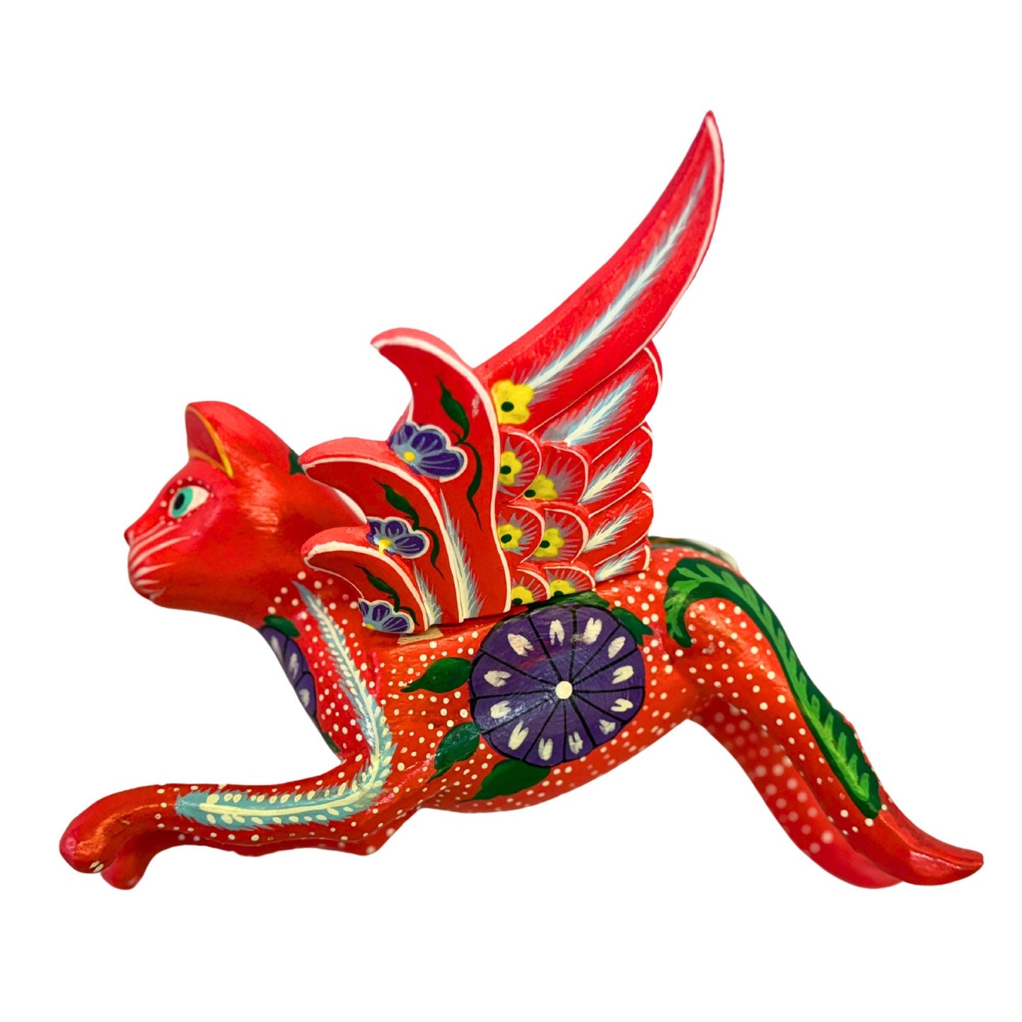 Winged Red Cat Mobile Morning Glory kitty Spiritchaser Demon chaser cradle guardian hand carved wood Balinese Folk Art - Acadia World Traders