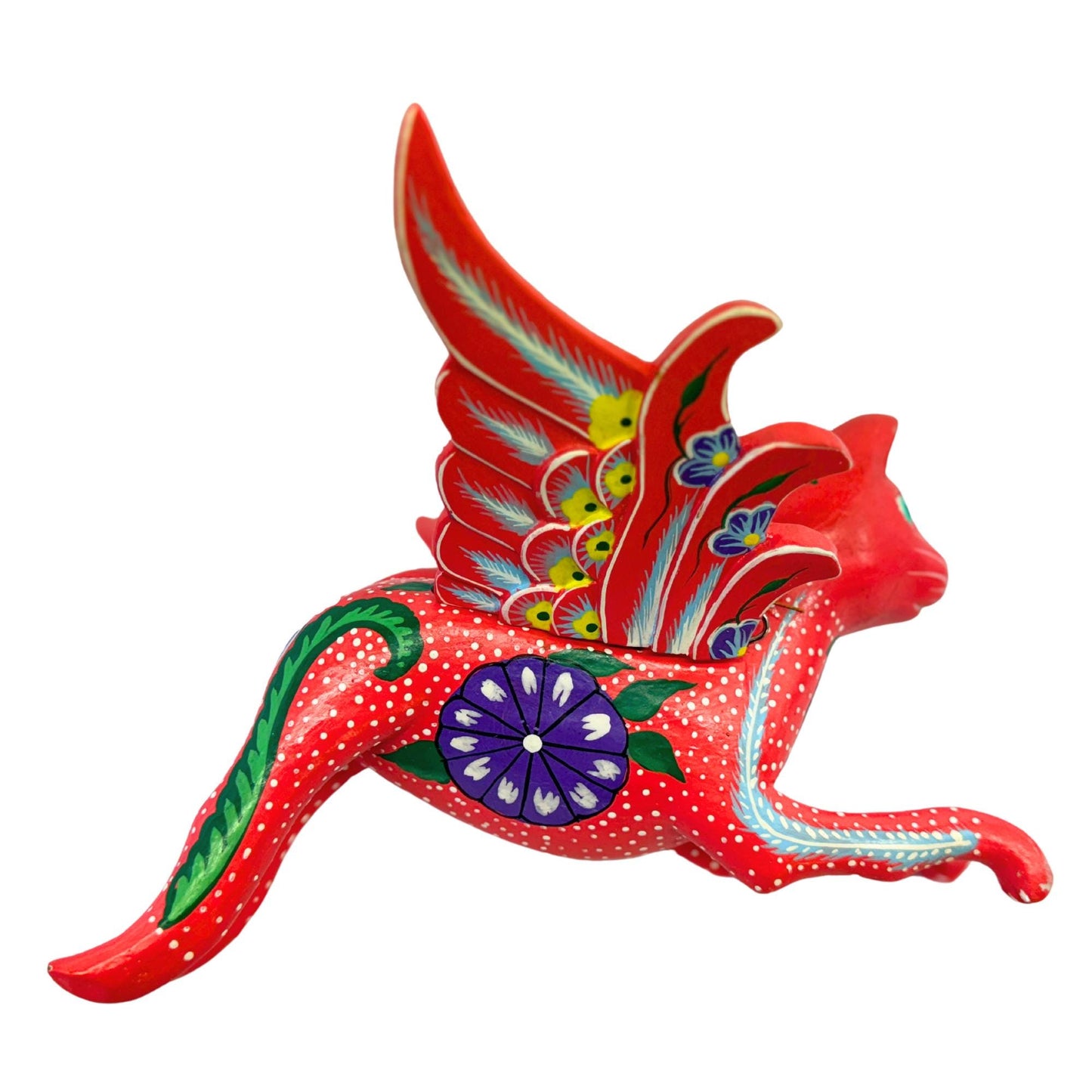 Winged Red Cat Mobile Morning Glory kitty Spiritchaser Demon chaser cradle guardian hand carved wood Balinese Folk Art - Acadia World Traders