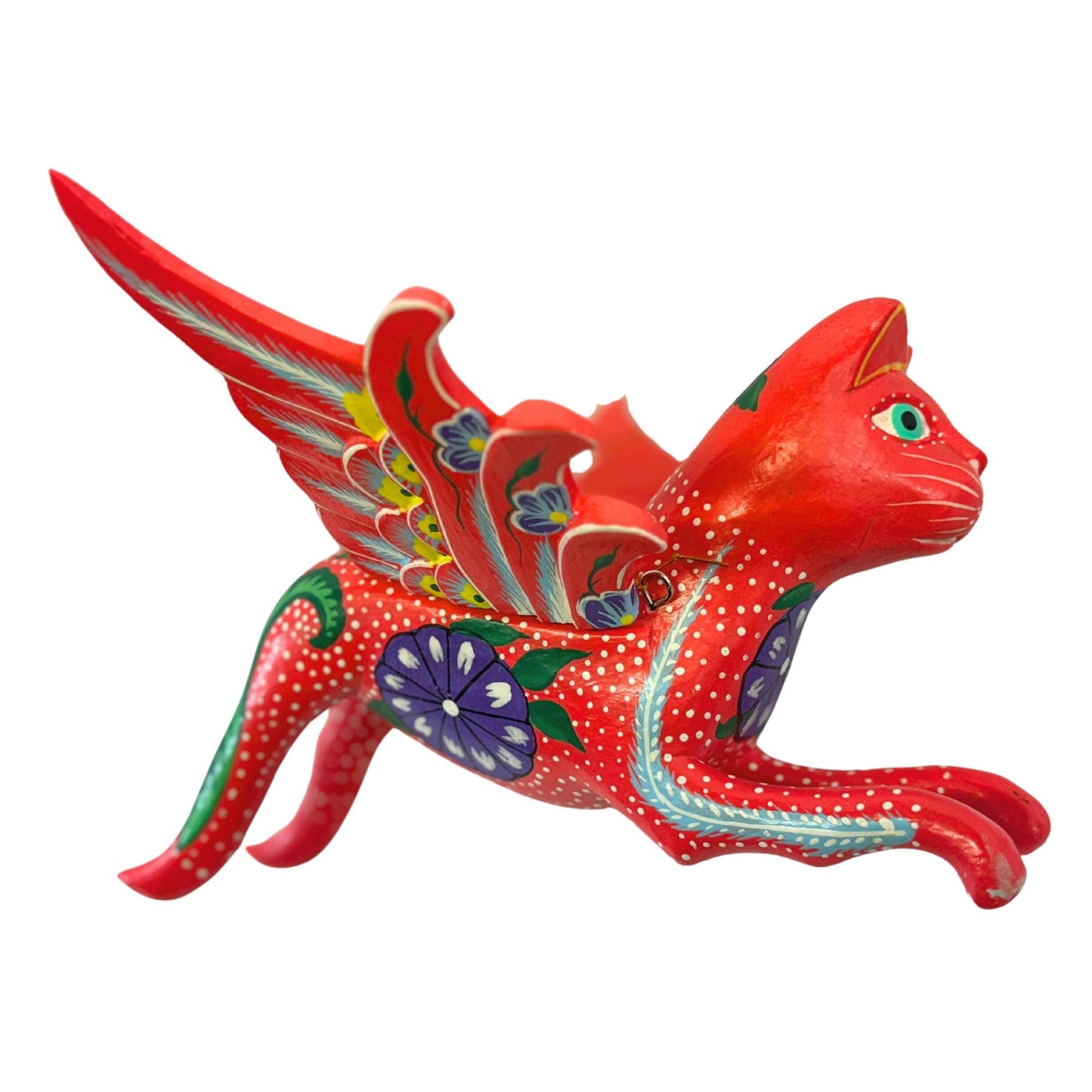 Winged Red Cat Mobile Morning Glory kitty Spiritchaser Demon chaser cradle guardian hand carved wood Balinese Folk Art - Acadia World Traders