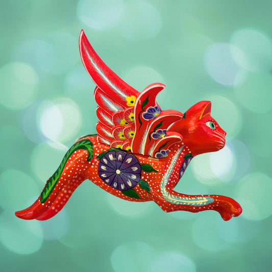 Winged Red Cat Mobile Morning Glory kitty Spiritchaser Demon chaser cradle guardian hand carved wood Balinese Folk Art - Acadia World Traders