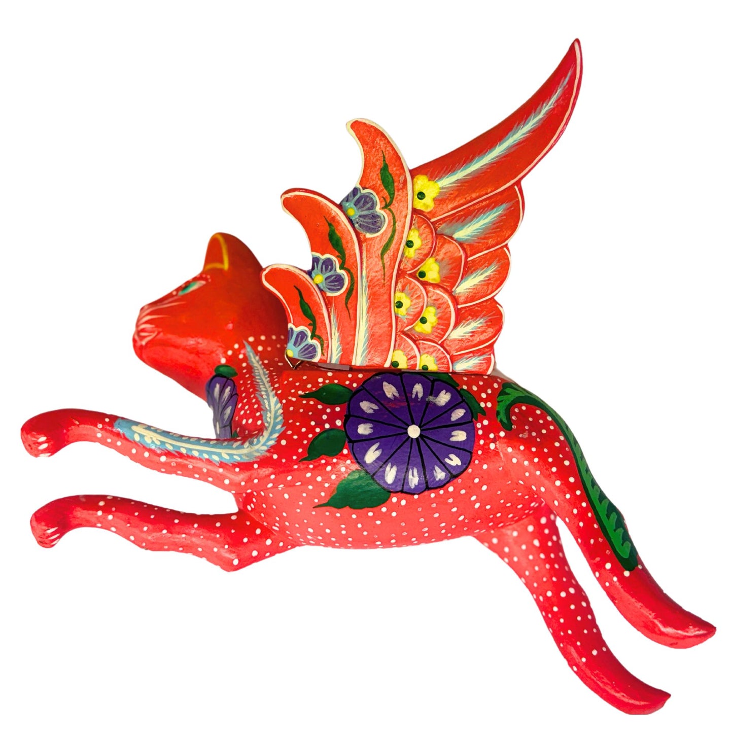 Balinese Flying Red Cat Spiritchaser Mobile: Carved Wood Bali Folk Art, Morning Glory Cat