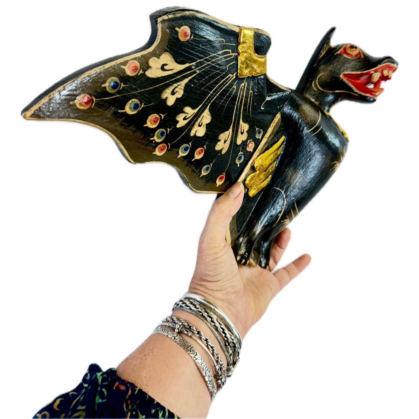 Flying Black Bat Mobile Balinese Spirit Chaser Demon chaser hand carved wood Bali Art 20 inch
