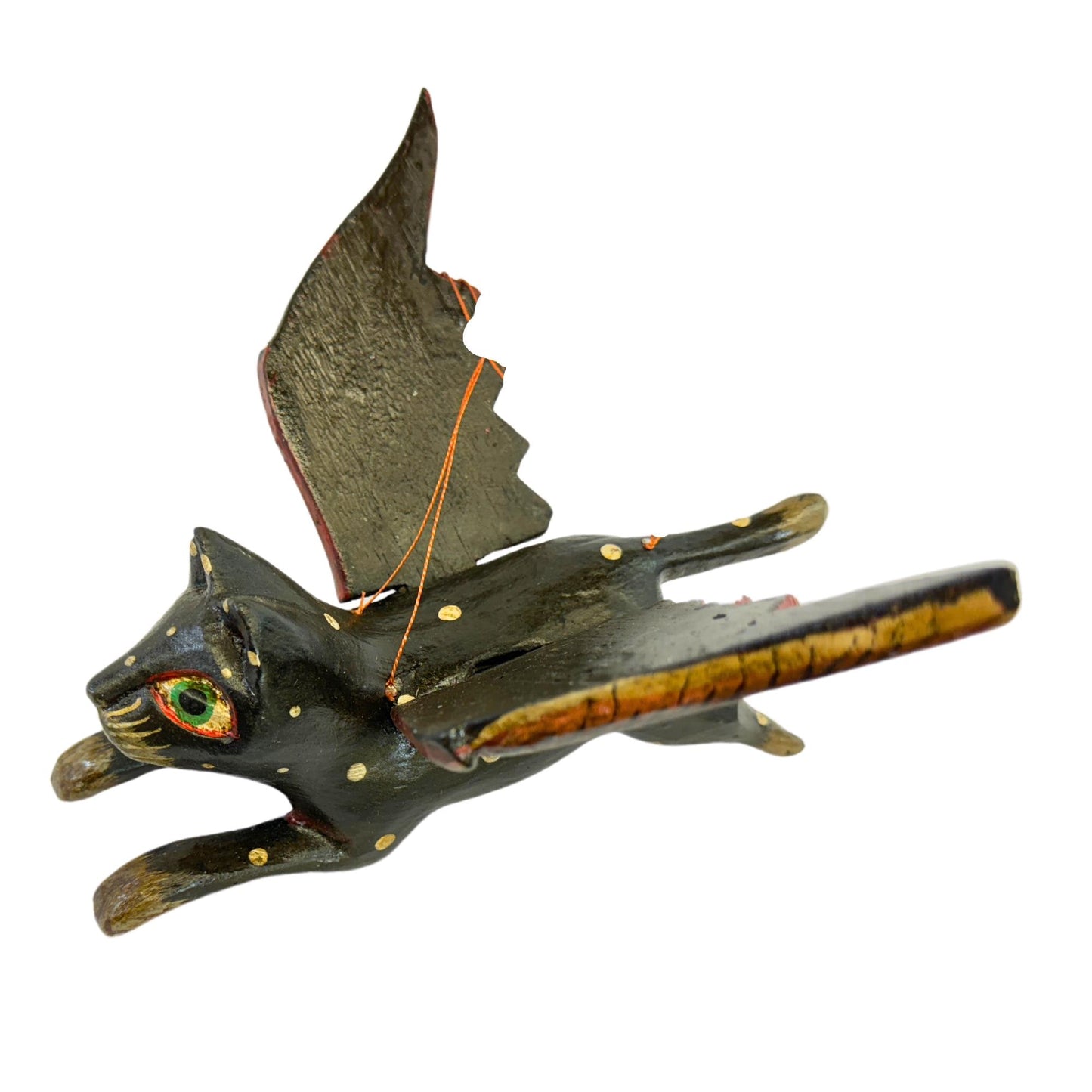 Winged Black Cat Mobile Flying Demon Chaser Carved Wood Balinese Folk Art - Acadia World Traders