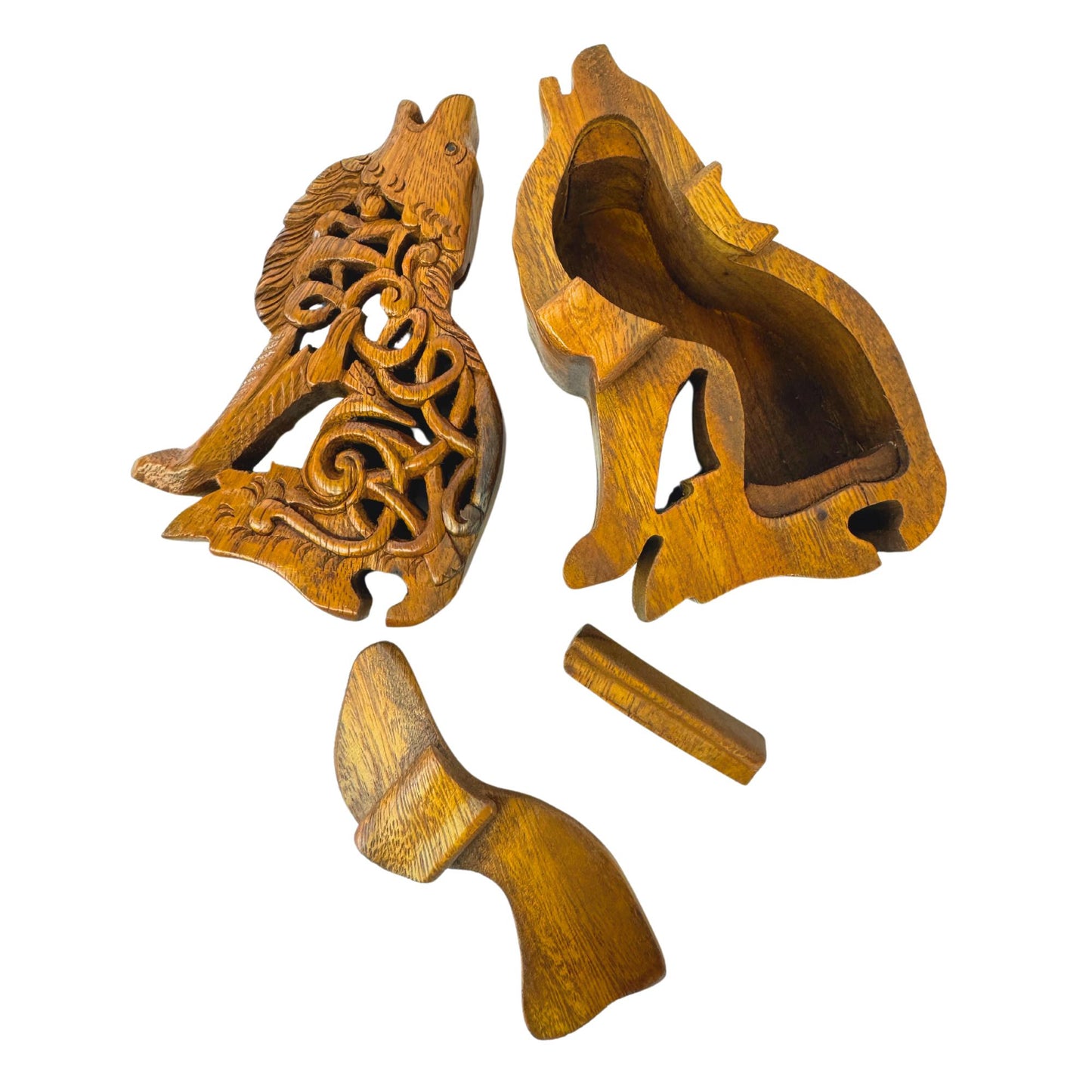 Celtic Wolf Puzzle Box, Hand-Carved Wood Stash Box
