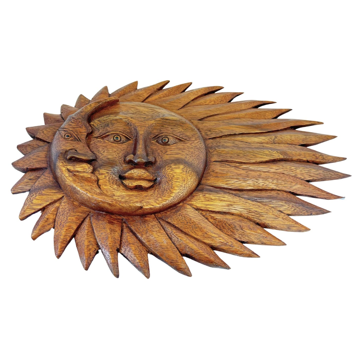 Wind Blown Sun & Moon Sunburst Celestial Wall Art Plaque Half MOON Carved hand carved wood Carving Bali Balinese folk art