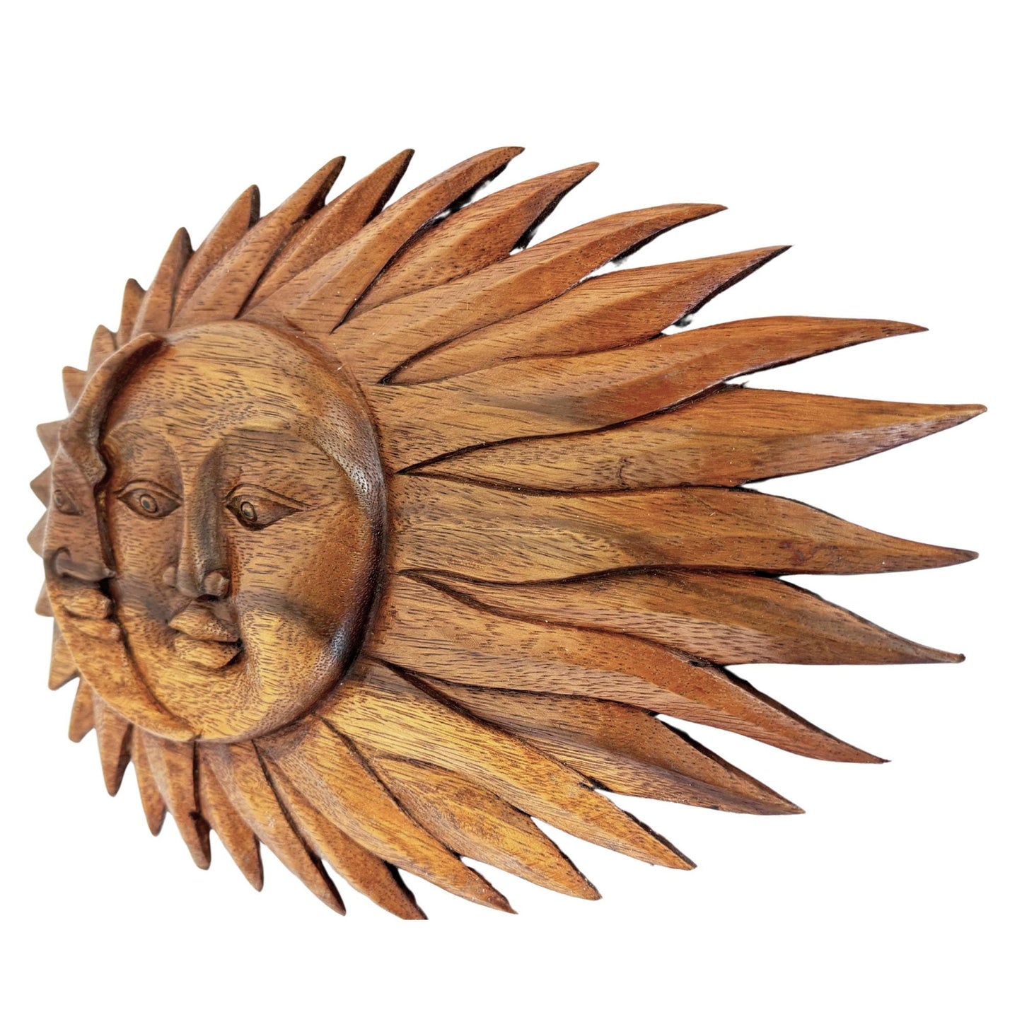 Wind Blown Sun & Moon Sunburst Celestial Wall Art Plaque Half MOON Carved hand carved wood Carving Bali Balinese folk art