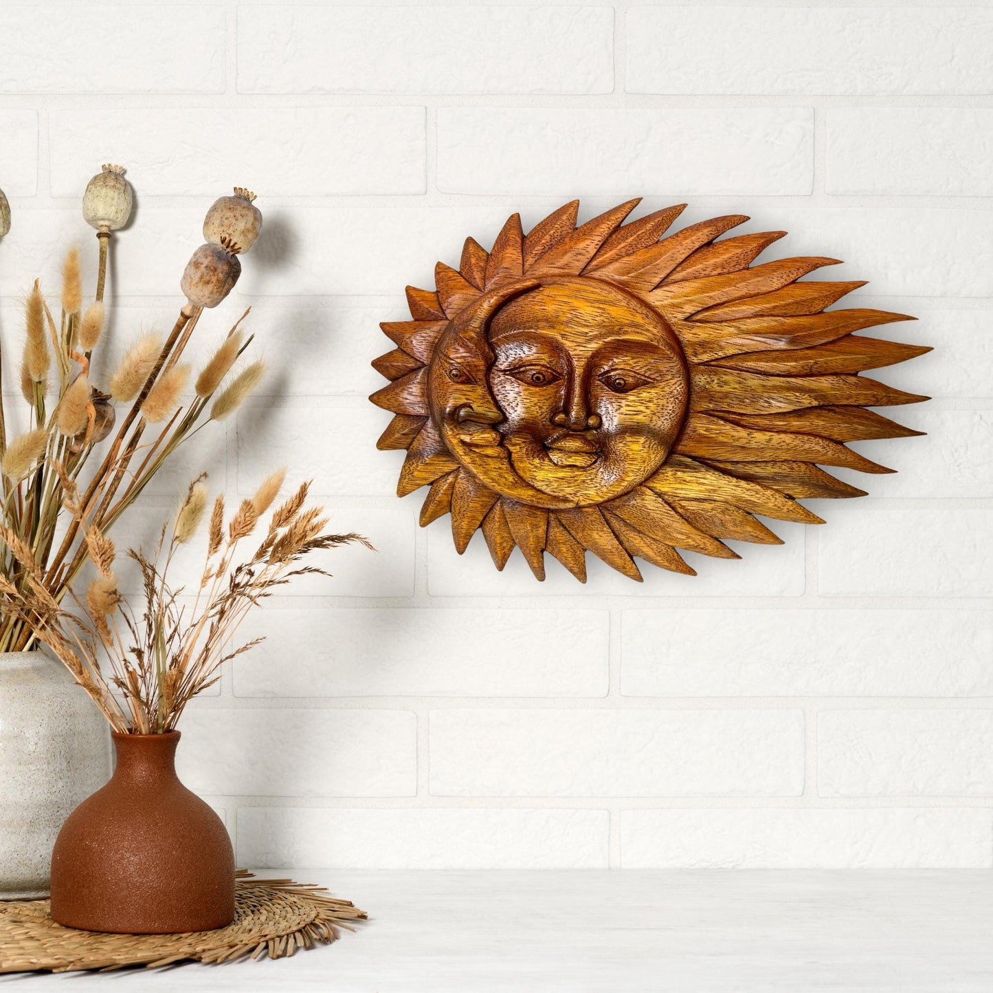 Wind Blown Sun & Moon Sunburst Celestial Wall Art Plaque Half MOON Carved hand carved wood Carving Bali Balinese folk art