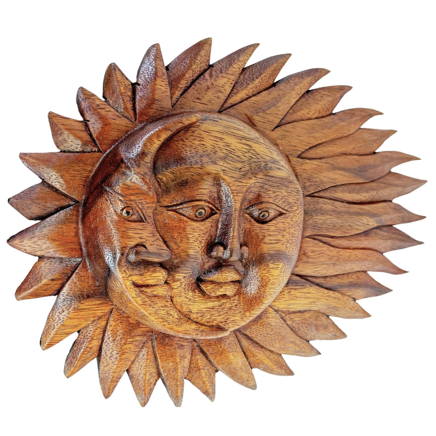Wind Blown Sun & Moon Sunburst Celestial Wall Art Plaque Half MOON Carved hand carved wood Carving Bali Balinese folk art
