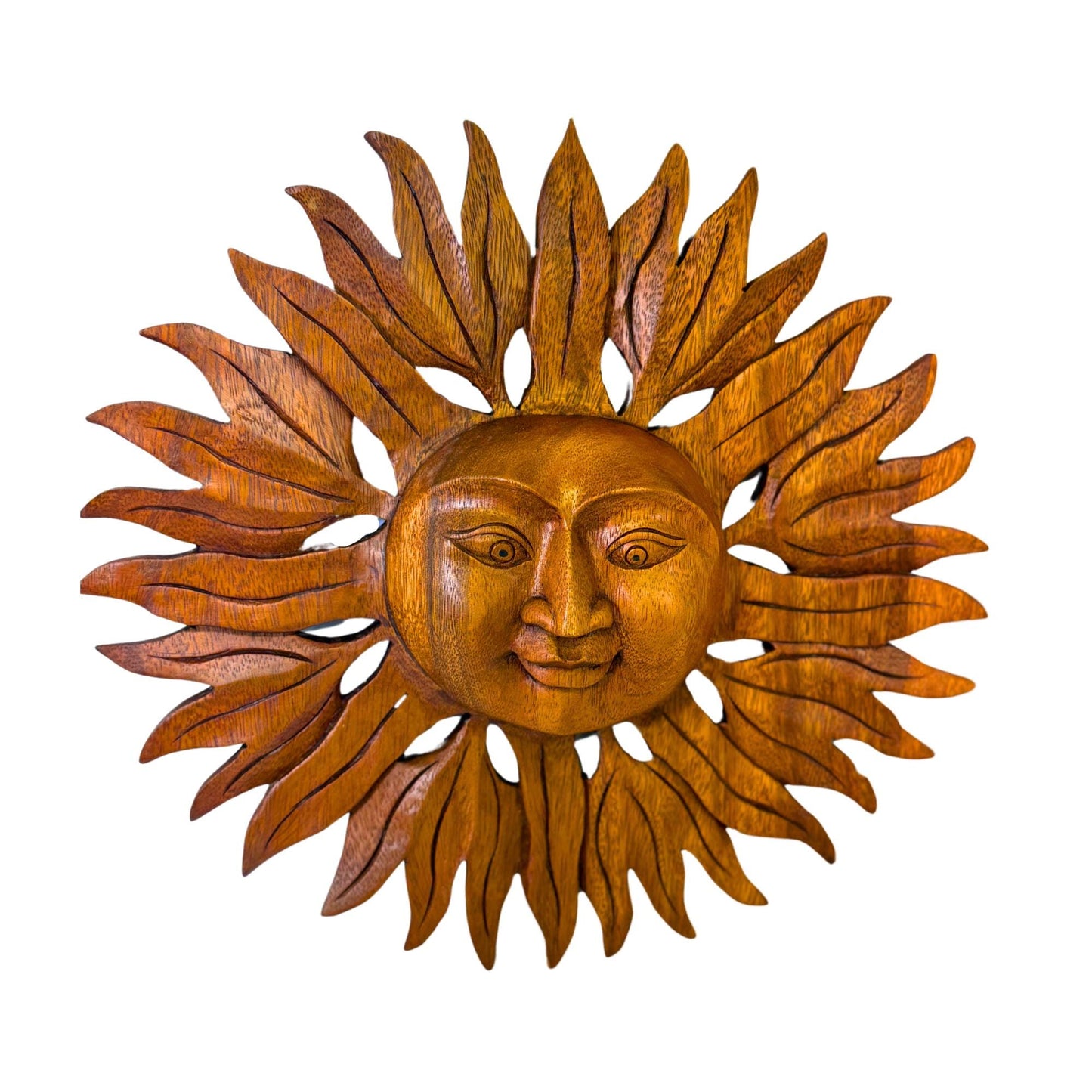 Sun Disc Sunburst Celestial Wall Art Plaque Carved hand carved natural wood Carving Bali Balinese folk art 14" - Acadia World Traders