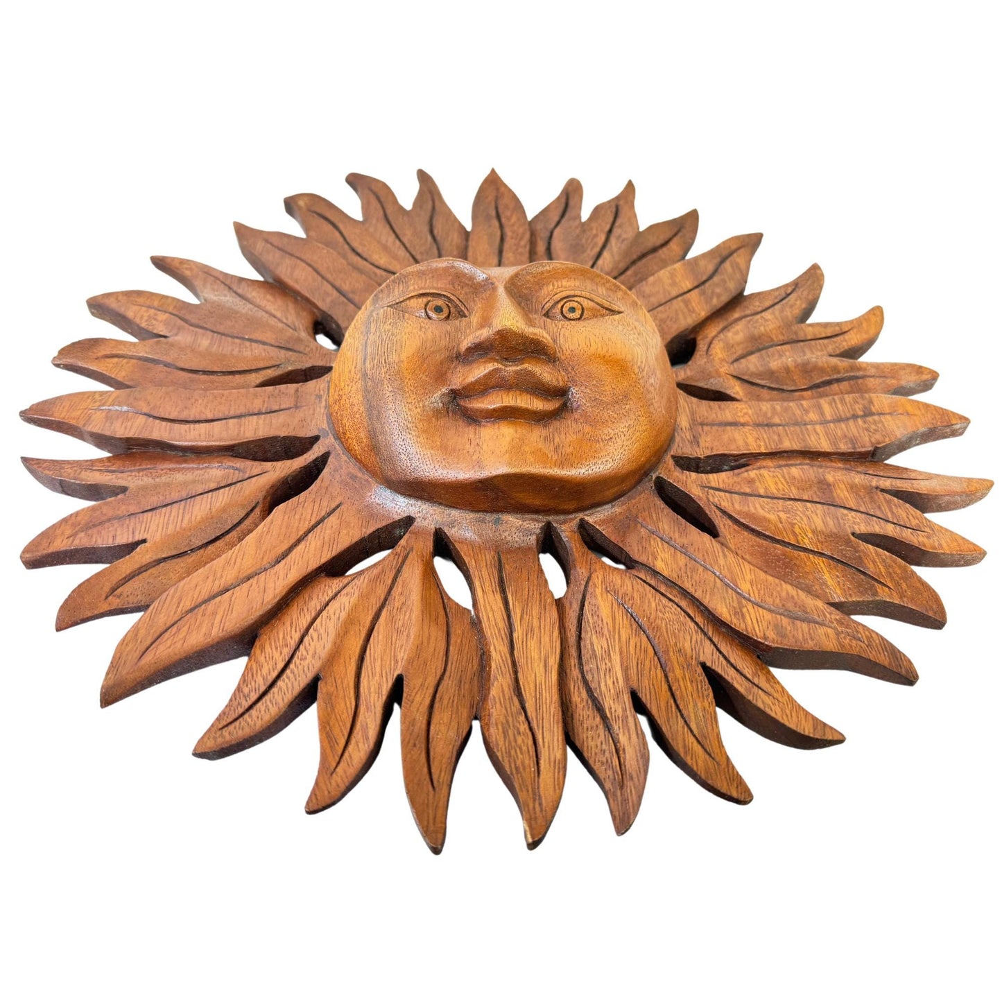 Sun Disc Sunburst Celestial Wall Art Plaque Carved hand carved natural wood Carving Bali Balinese folk art 14" - Acadia World Traders
