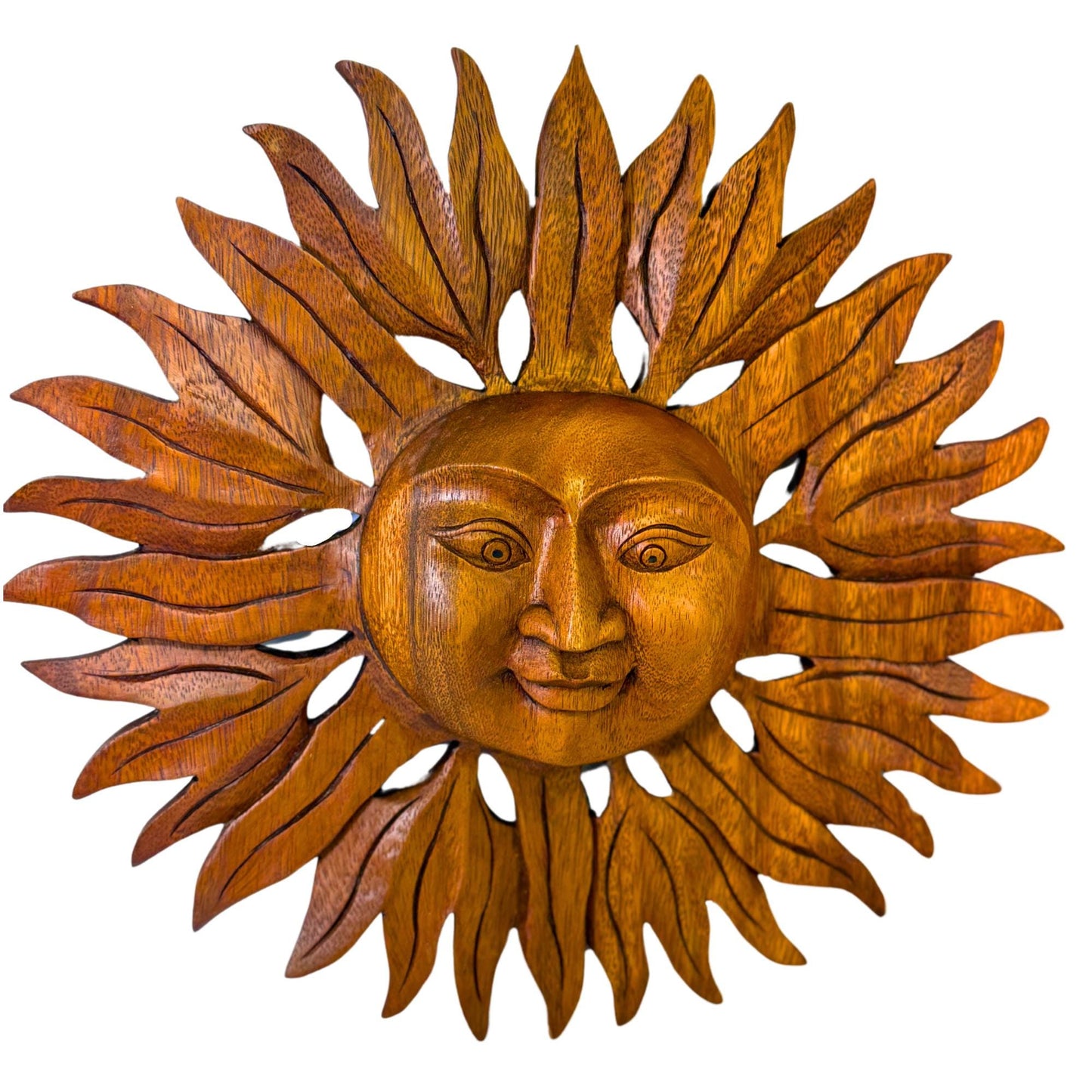 Sun Disc Sunburst Celestial Wall Art Plaque Carved hand carved natural wood Carving Bali Balinese folk art 14" - Acadia World Traders