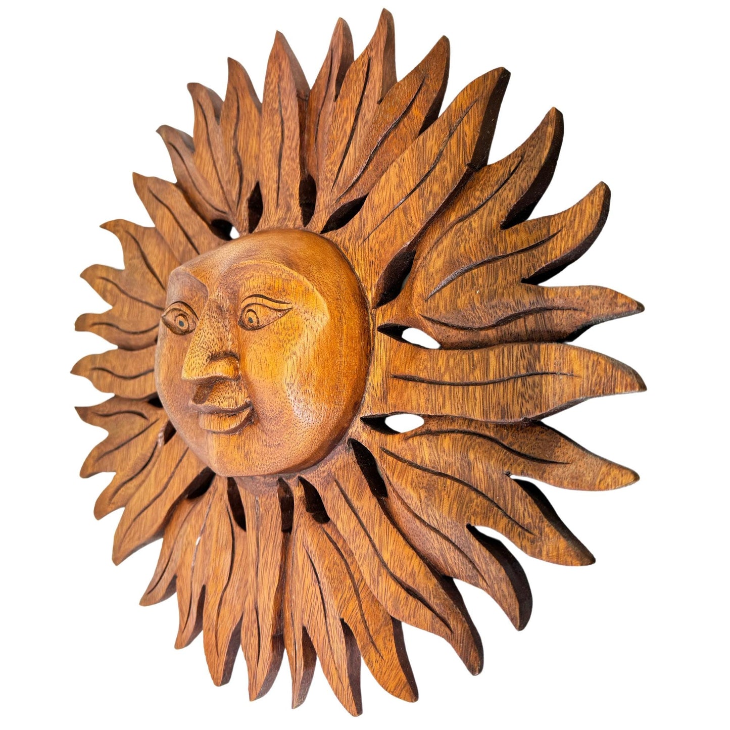 Sun Disc Sunburst Celestial Wall Art Plaque Carved hand carved natural wood Carving Bali Balinese folk art 14" - Acadia World Traders