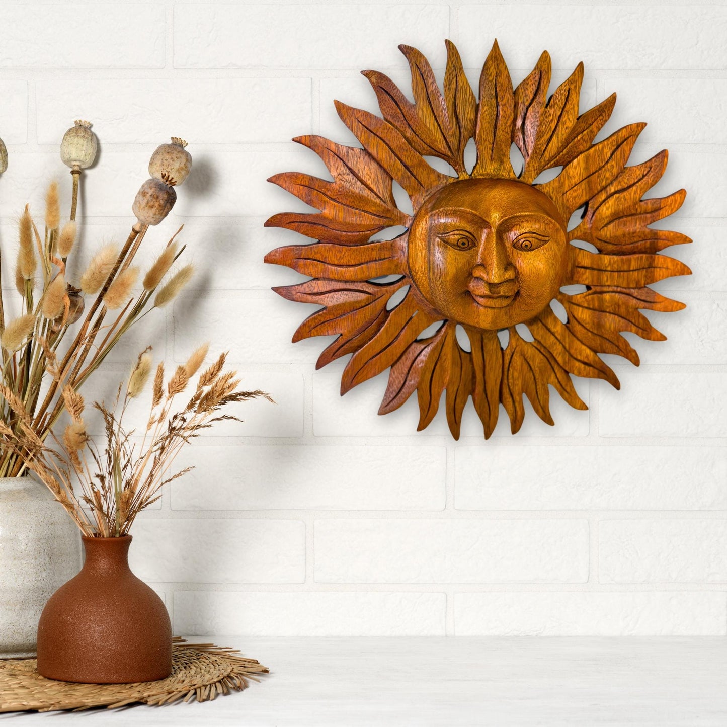 Sun Disc Sunburst Celestial Wall Art Plaque Carved hand carved natural wood Carving Bali Balinese folk art 14" - Acadia World Traders
