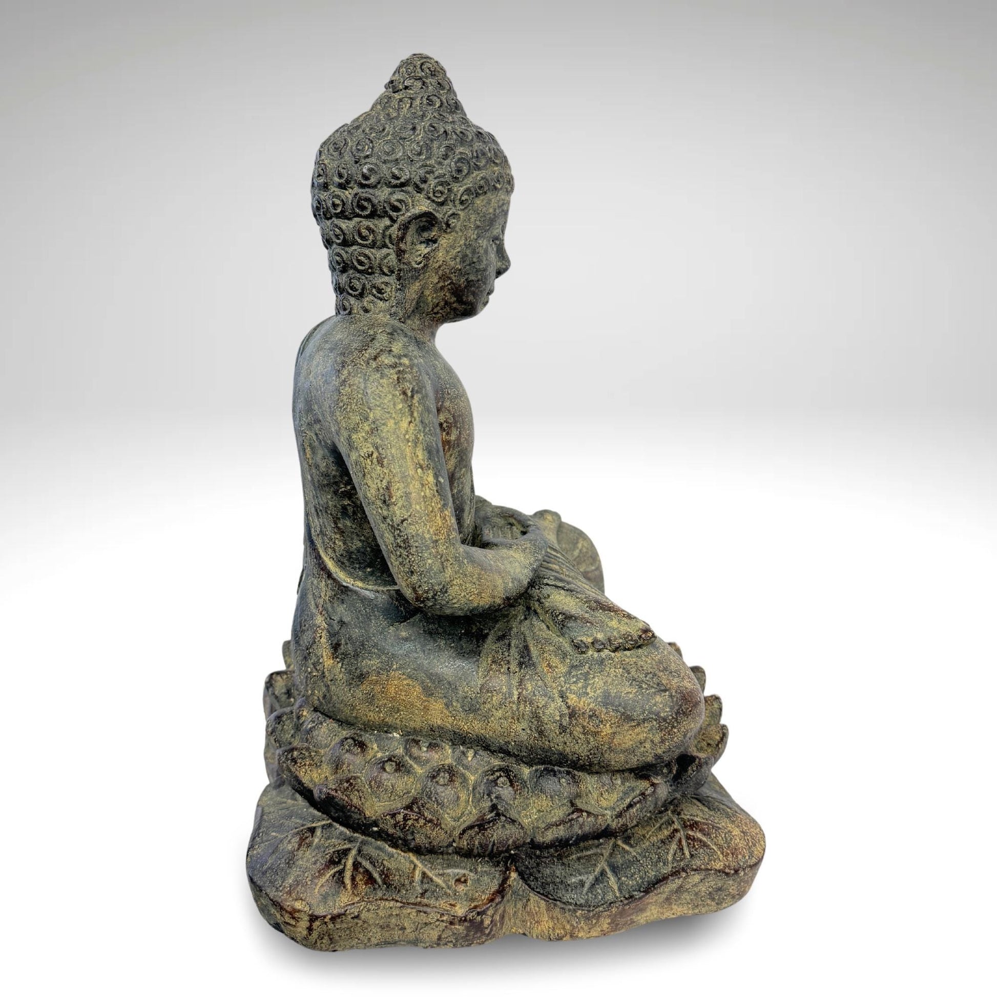 Dhyana Mudra Buddha Garden Statue Sculpture Lotus Pose Meditating Upon Padma Base Bali Art Cast Lava Stone Concrete - Acadia World Traders