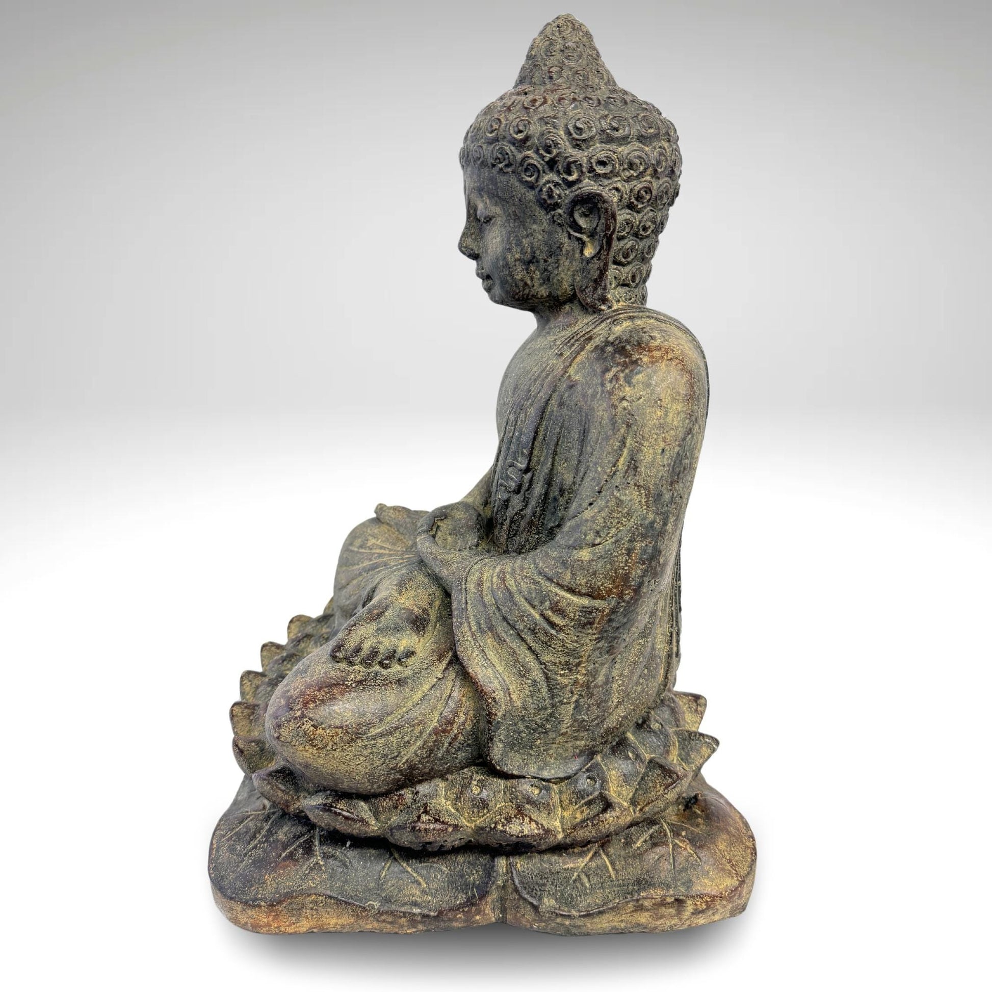 Dhyana Mudra Buddha Garden Statue Sculpture Lotus Pose Meditating Upon Padma Base Bali Art Cast Lava Stone Concrete - Acadia World Traders